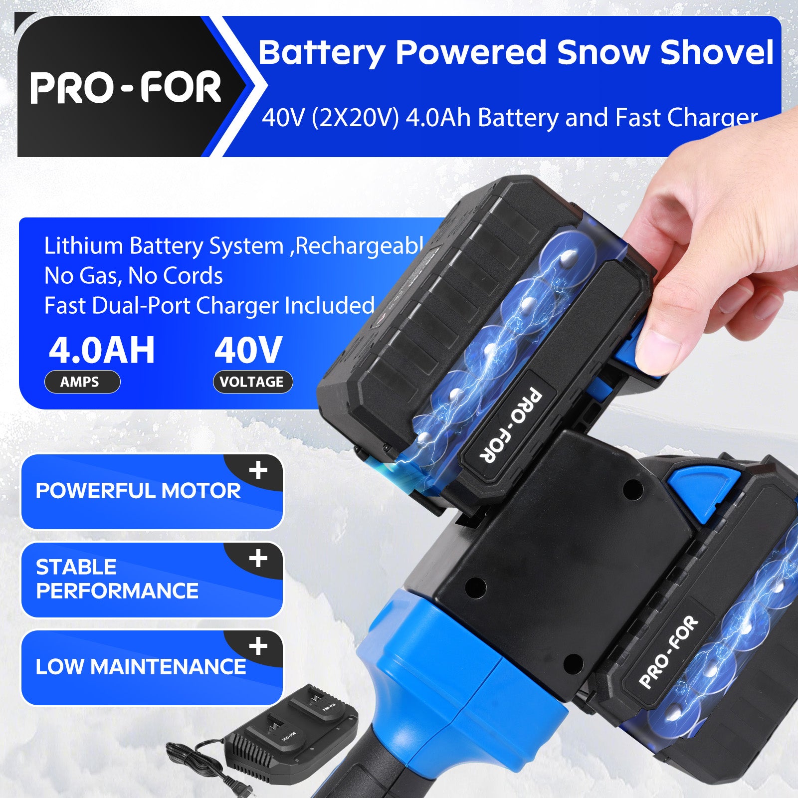40V Cordless Snow Shovel, Lightweight Electric Snow Blower Alternative with 2×4.0Ah Batteries, 13.5" Width, 26.5FT Throw Distance, Battery Powered Snow Removal Tool for Driveway & Walkways