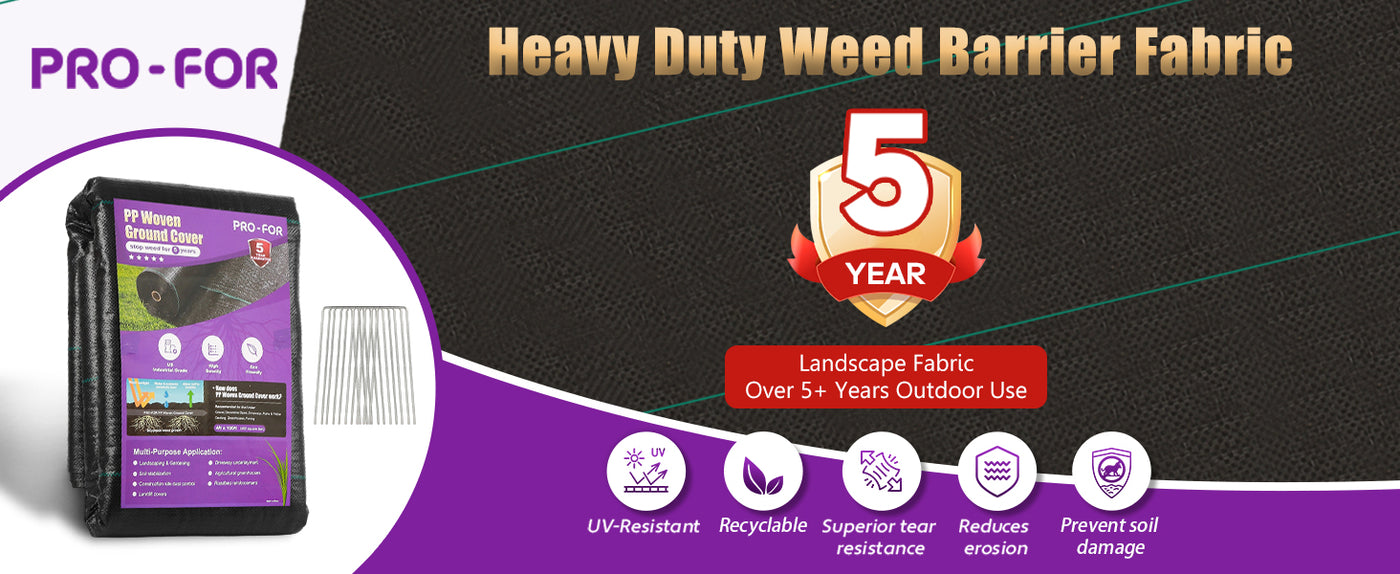 3.2oz Heavy Duty Weed Barrier Landscape Fabric – Premium Woven Ground Cover for Gardening, Farming & Driveways, Breathable Weed Control Cloth with 10 U-Shaped Securing Pegs
