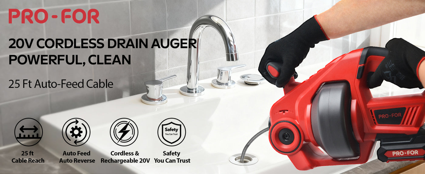 20V Drain Cleaner A103-CDC501-18 Cordless Electric Drain Auger, 25Ft Auto-Feed Drain Snake, Replaceable Cable, 2.0Ah Battery &amp; Charger, LED Light, Clog Remover for Sink, Shower, Kitchen, Bathroom Pipes (3/4"-2")