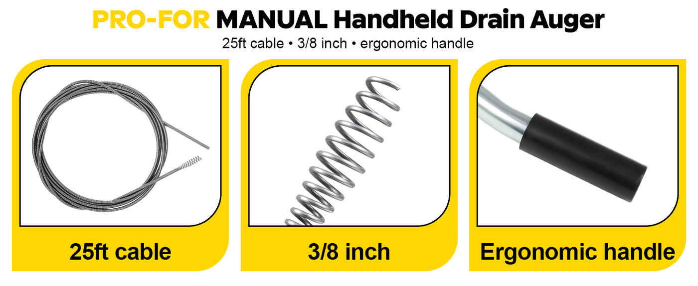 Hand Held Auger A103-20250-4 25FT Handheld Drain Auger, Heavy Duty Plumbing Snake for Clogged Drains, 3/8 Inch Diameter Manual Drain Cleaner for Sink, Bathtub, Shower & Kitchen Pipes