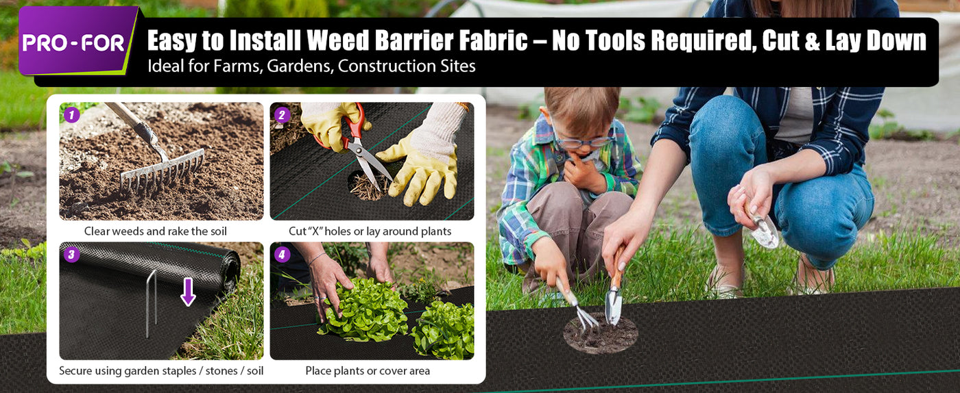 3.2oz Heavy Duty Weed Barrier Landscape Fabric – Premium Woven Ground Cover for Gardening, Farming & Driveways, Breathable Weed Control Cloth with 10 U-Shaped Securing Pegs