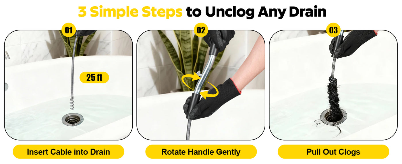 Hand Held Auger A103-20250-4 25FT Handheld Drain Auger, Heavy Duty Plumbing Snake for Clogged Drains, 3/8 Inch Diameter Manual Drain Cleaner for Sink, Bathtub, Shower & Kitchen Pipes