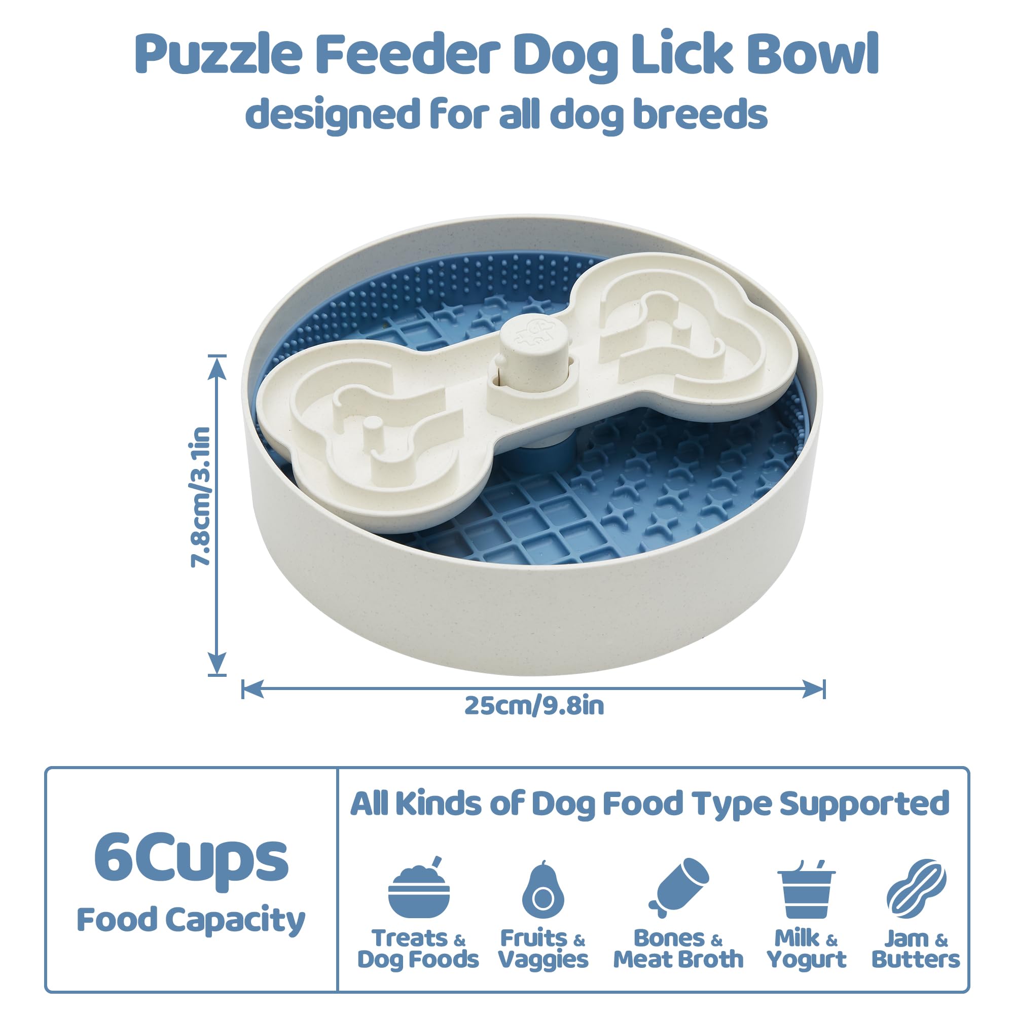 Slow Feeder Dog Bowl with Lick Mat and Puzzle Inserts - Non-Slip Base, Adjustable Speed Design, Dishwasher Safe for Large Dogs,Blue
