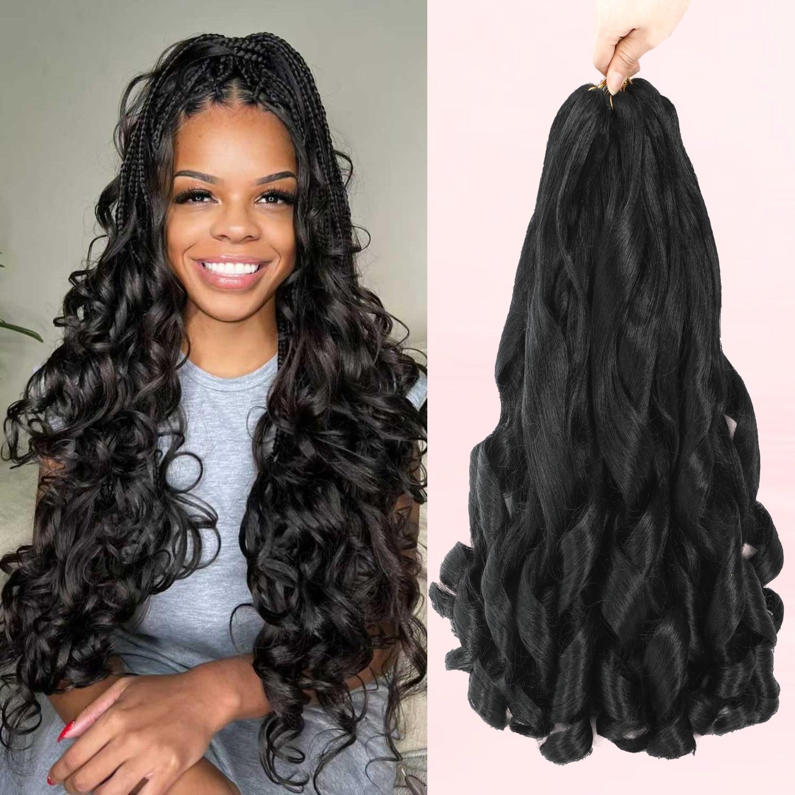 French Curl Braiding Hair 14/16 Inch 6 Packs Braiding Hair Pre Stretched Curly Crochet Hair for Women Loose Wavy French Curl Braids Synthetic Hair Extensions Natural Black 1B