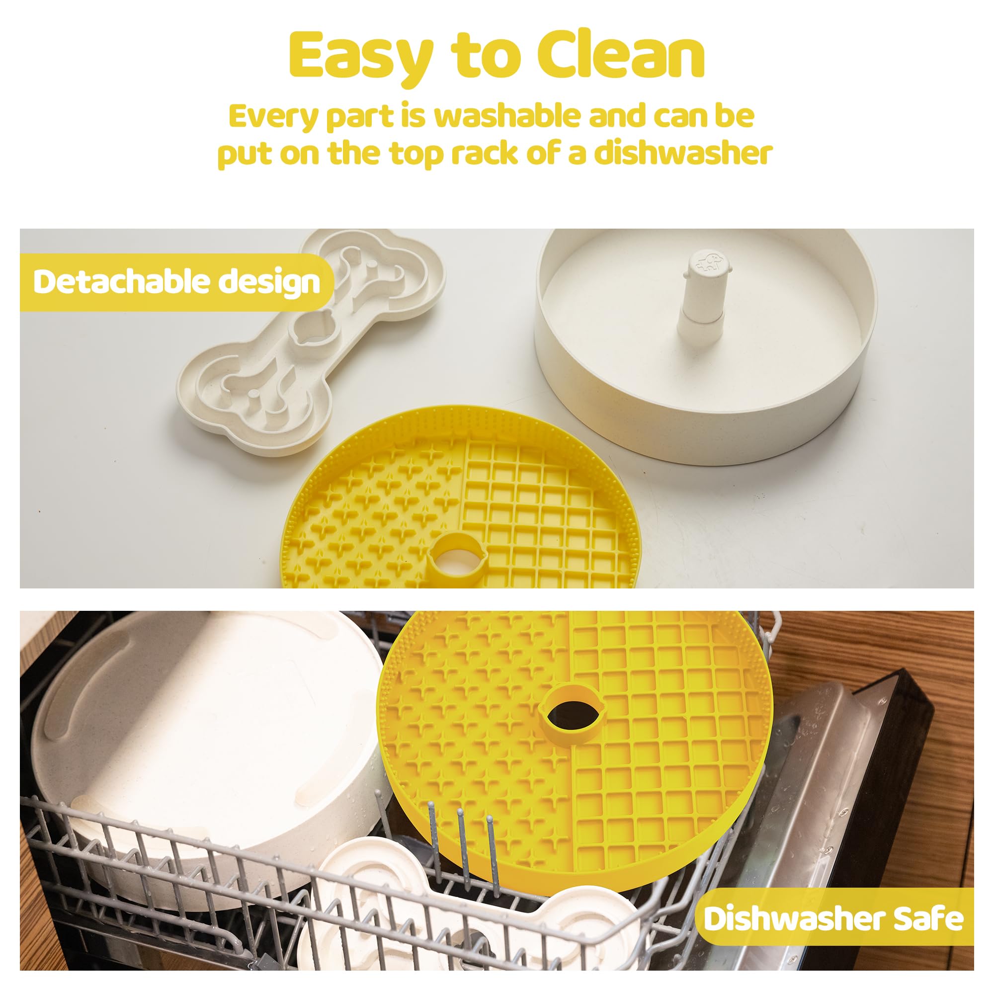 Slow Feeder Dog Bowl with Lick Mat and Puzzle Inserts - Non-Slip Base, Adjustable Speed Design, Dishwasher Safe for Large Dogs,Yellow