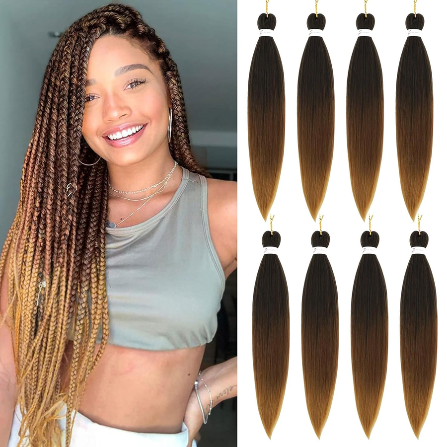 Ombre Braiding Hair 24 Inch 8 Packs Braiding Hair Pre Stretched Long for Twist or Box Braids Colored Synthetic Hair Extensions for Crochet Braids Hot Water Setting Soft Yaki Texture(24Inch,1B/30/27)