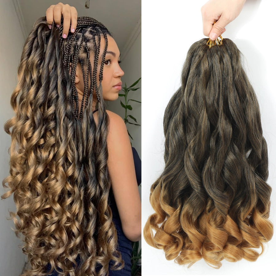 French Curly Braiding Hair 14/16 Inch 6 Packs Pre Stretched Braiding Hair EZ Braids Crochet Hair Ombre Brown Synthetic Bouncy Loose Curly Braiding Hair Extensions for Women