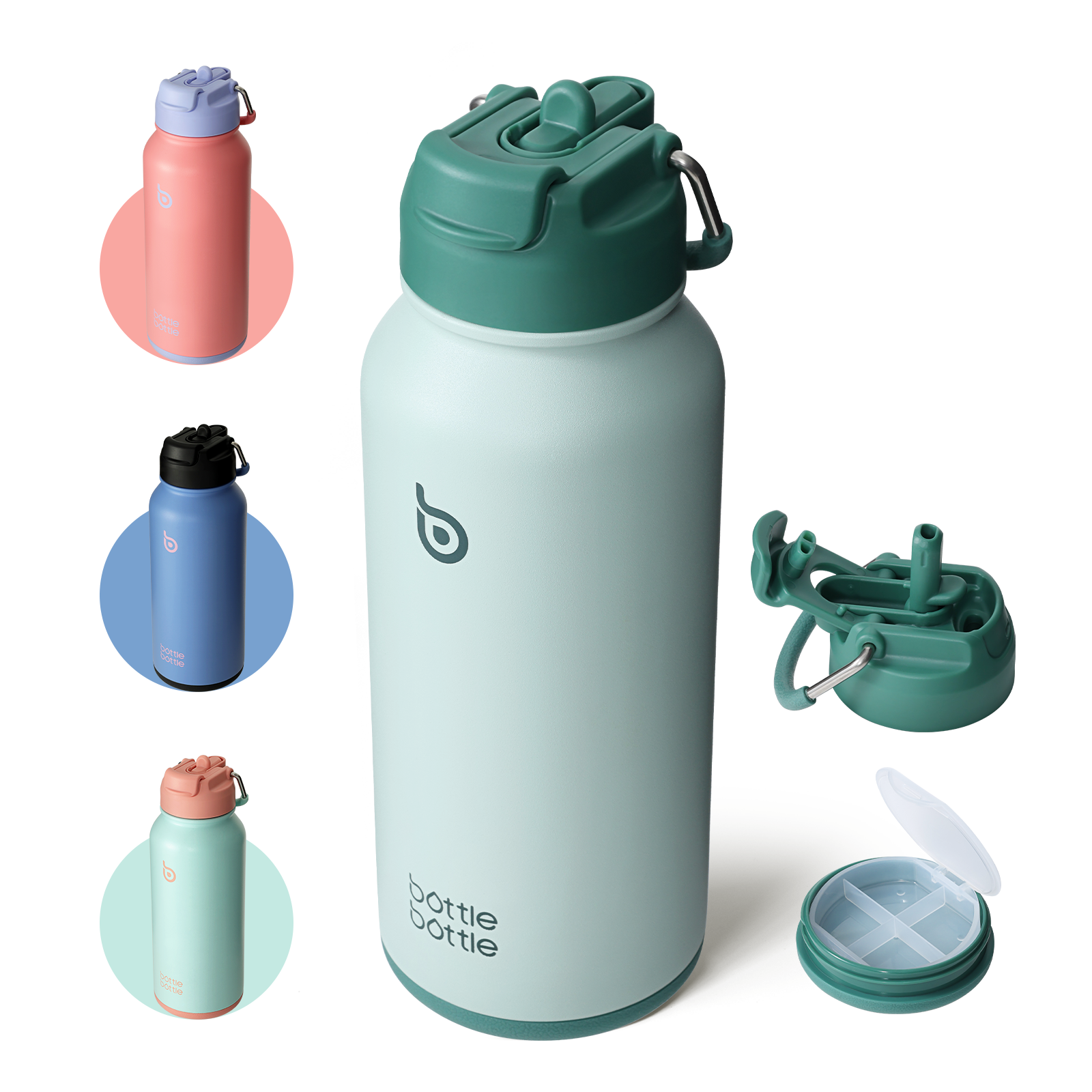 32oz Insulated Water Bottle Stainless Steel Sport Water Bottle with Straw Dual-use Lid Design for Gym with Pill Box