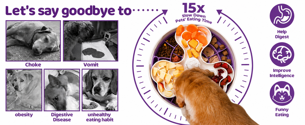 Slow Feeder Dog Bowl for Large Dogs with Non-Slip Base - Adjustable Speed Design, Removable Puzzle Inserts & Dishwasher Safe, Purple