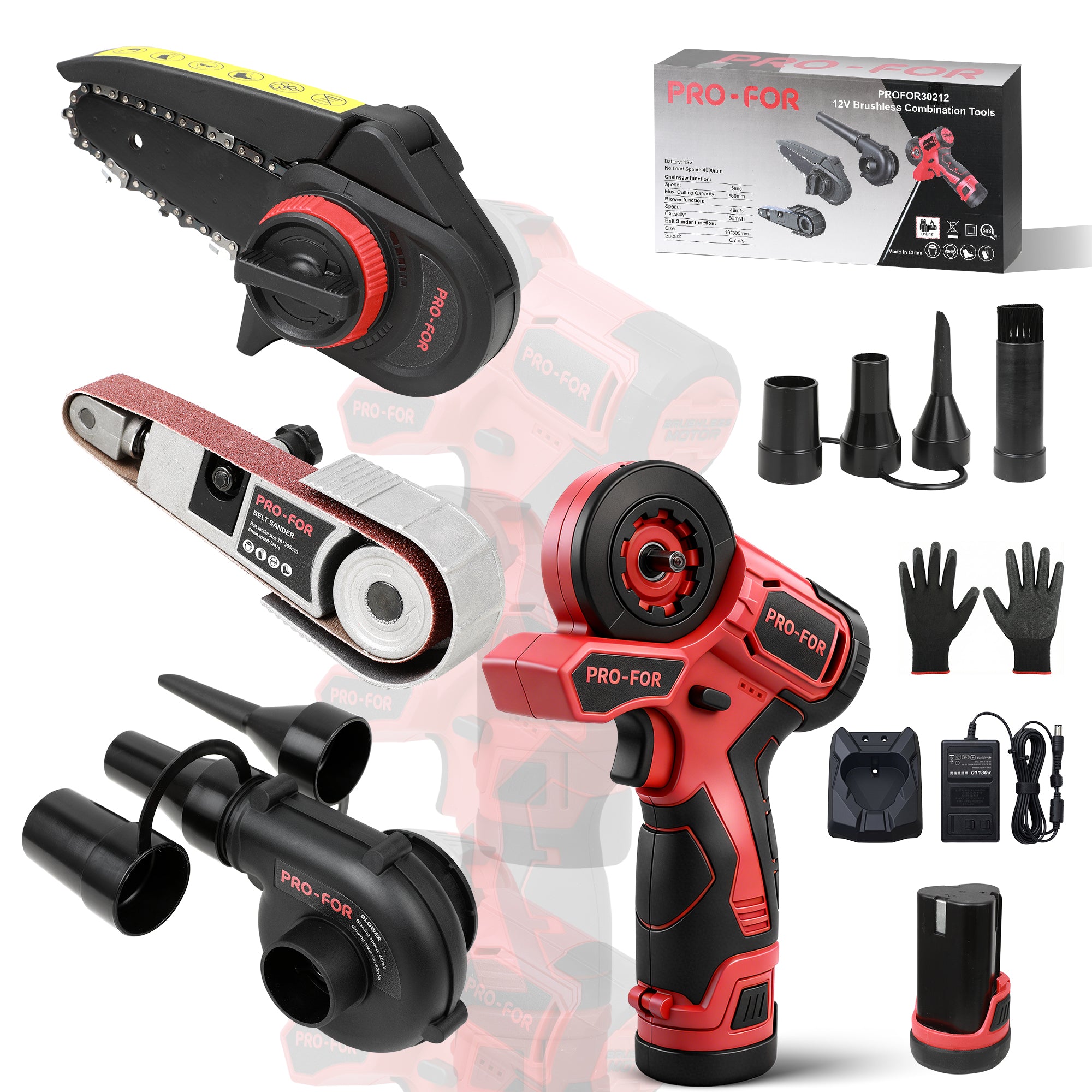 12V Multi-function Combination Tool A103-CPS302-12BL Brushless Combination Power Tool Kit, 3-in-1 Cordless Multi-Head System with Mini Chainsaw, Belt Sander, Blower, Interchangeable Heads for DIY & Home Workshop