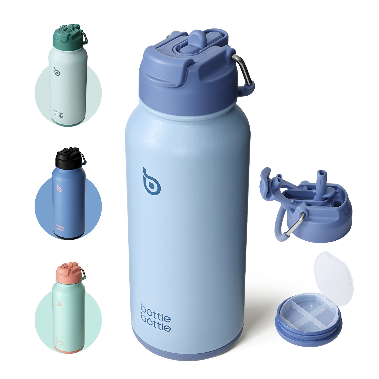 32oz Insulated Water Bottle Stainless Steel Sport Water Bottle with Straw Dual-use Lid Design for Gym with Pill Box