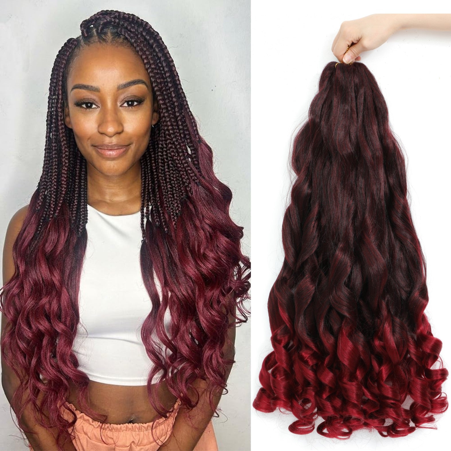 6 Packs French Curl Braiding Hair Pre Stretched 14/16 Inch Bouncy French Curly Braiding Hair Loose Wavy Ombre Burgundy French Curl Crochet Braids Hair for Women