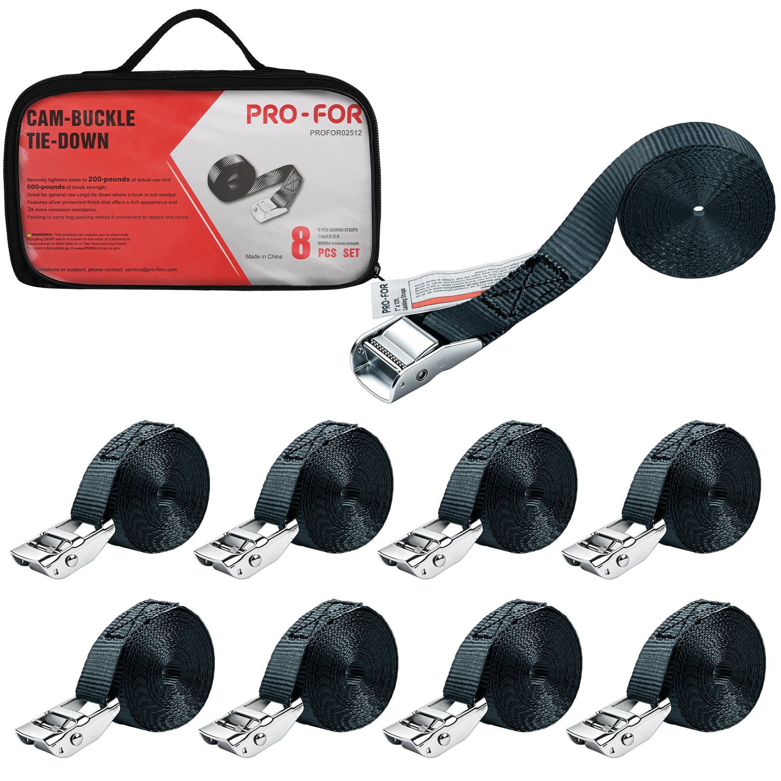 Cam Buckle Tie Down Straps, 1" x 12FT 8 Pack, 600 lbs Break Strength – Heavy Duty Adjustable Lashing Straps with Carry Bag for Luggage, Cargo, Motorcycle, Kayak, Truck, Car Roof Rack