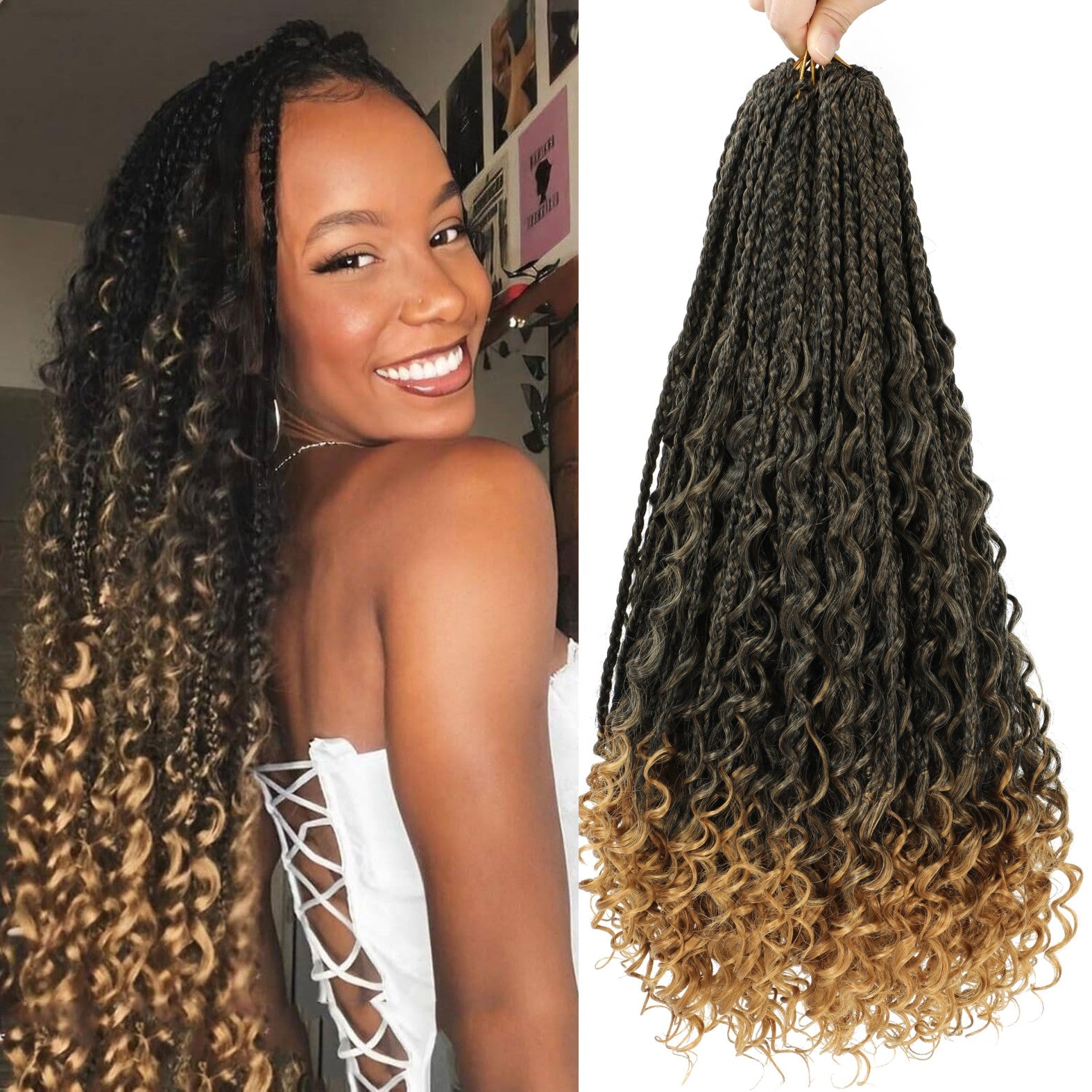 7 Pack 12/14inch Goddess Box Braids Crochet Hair Extensions Voluminous Curly Wave Ends, Natural Look Synthetic Braids for, Easy Maintenance Dreadlock-Free Hairstyle for Everyday & Special Events Bohemian Style, Realistic Texture, Protective Hairstyles