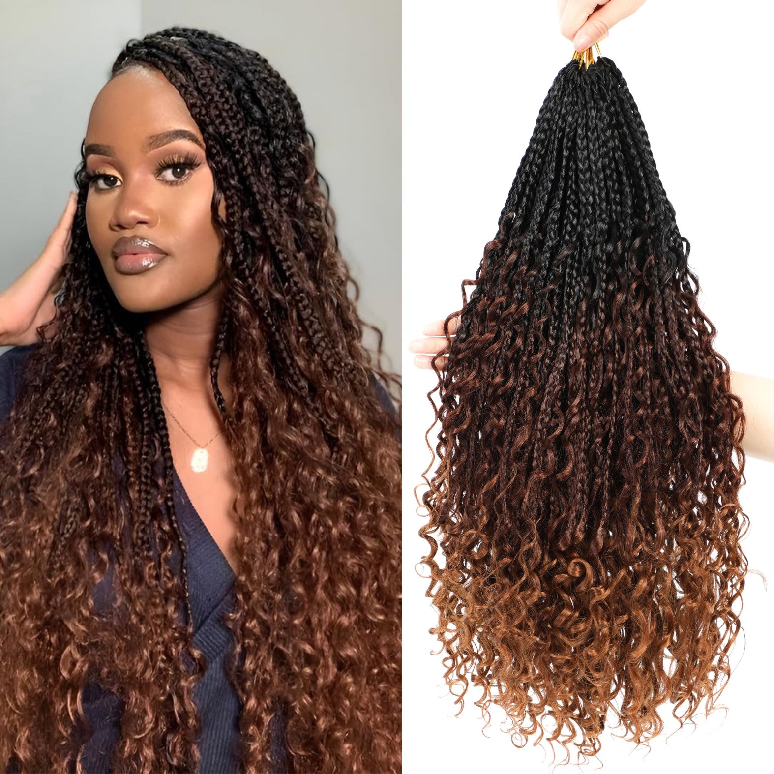 12/14 Inch Boho Box Braids 8 Pack Goddess Box Braids Bohemian Box Braids Crochet Hair Crochet Box Braids With Curly Ends For Women Black Burgundy Color
