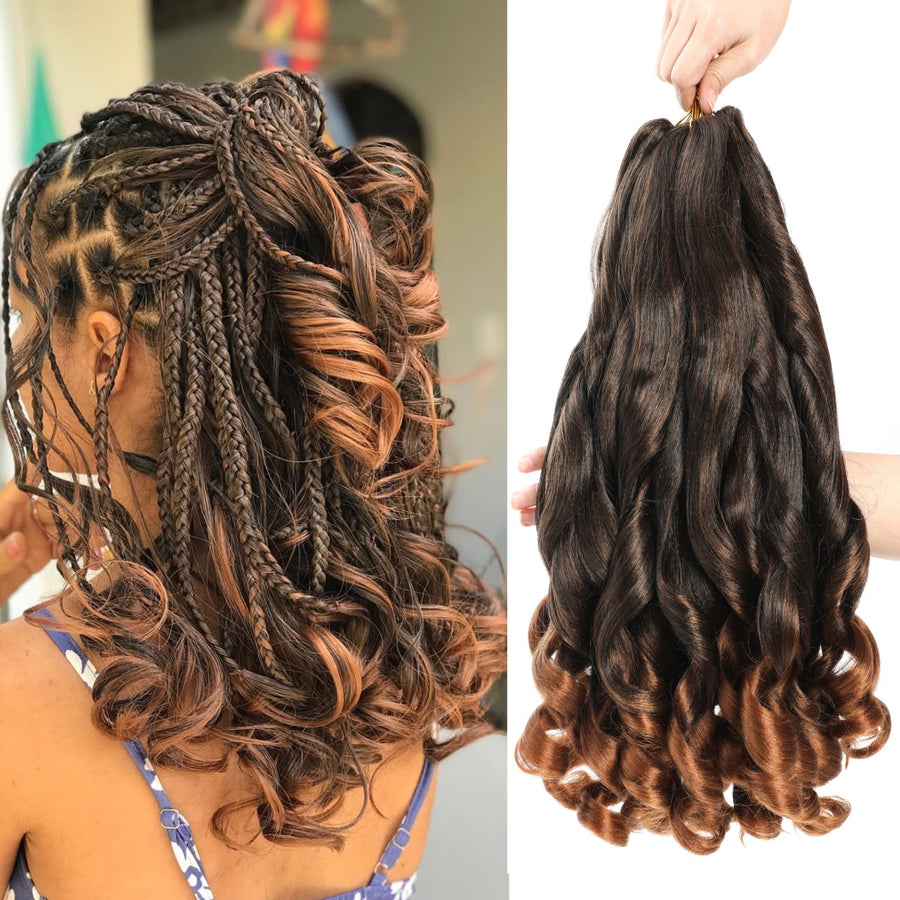 Ombre Brown French Curly Braiding Hair 6 Packs 14 Inch Pre Stretched Braiding Hair Bouncy Loose Wave Crochet Hair for Women