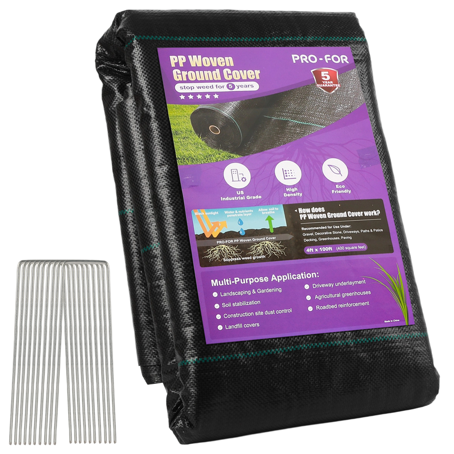 3.2oz Heavy Duty Weed Barrier Landscape Fabric – Premium Woven Ground Cover for Gardening, Farming & Driveways, Breathable Weed Control Cloth with 10 U-Shaped Securing Pegs