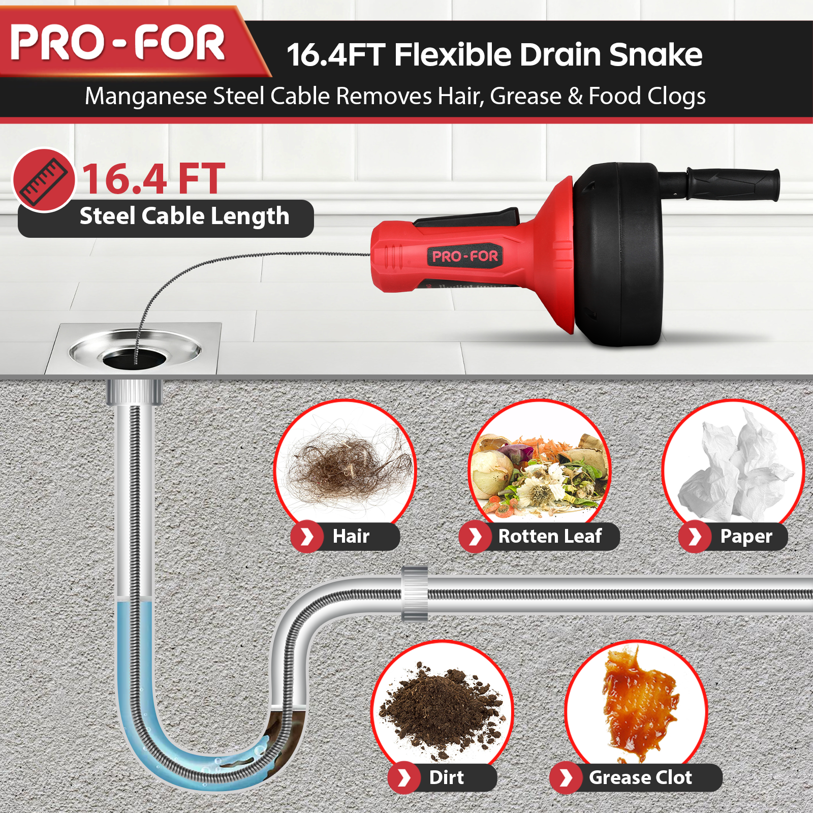 Drain Cleaner A103-6004 Drain Auger, 16.4FT Plumbing Snake Drain Clog Remover, Manual & Drill Powered Drain Snake for 0.75–2 Inch Pipes, Sink, Shower, Bathtub, Toilet, Kitchen Drain Cleaner Tool with Steel Cable