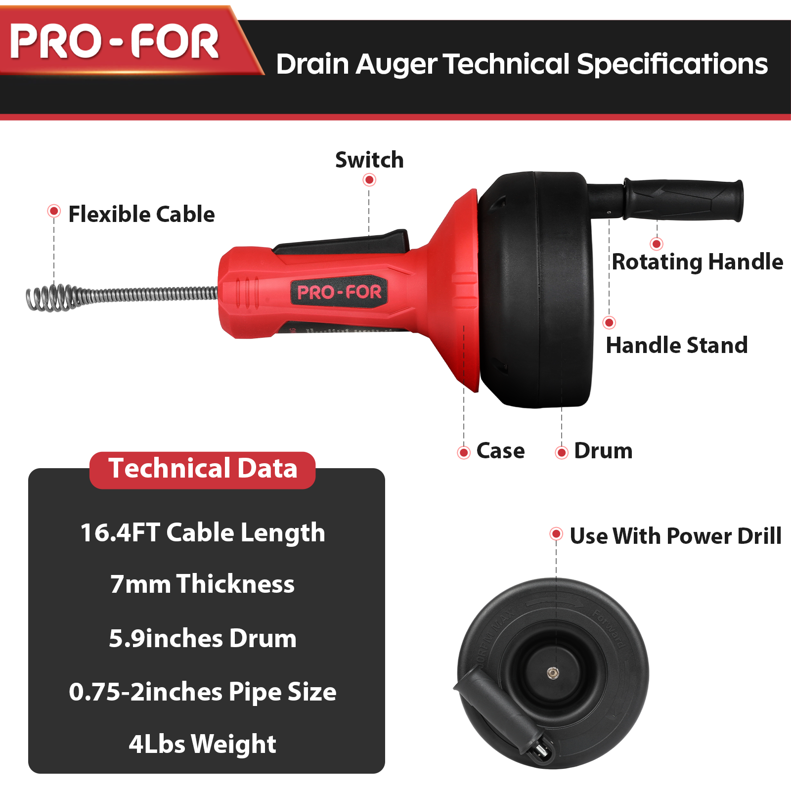 Drain Cleaner A103-6004 Drain Auger, 16.4FT Plumbing Snake Drain Clog Remover, Manual & Drill Powered Drain Snake for 0.75–2 Inch Pipes, Sink, Shower, Bathtub, Toilet, Kitchen Drain Cleaner Tool with Steel Cable