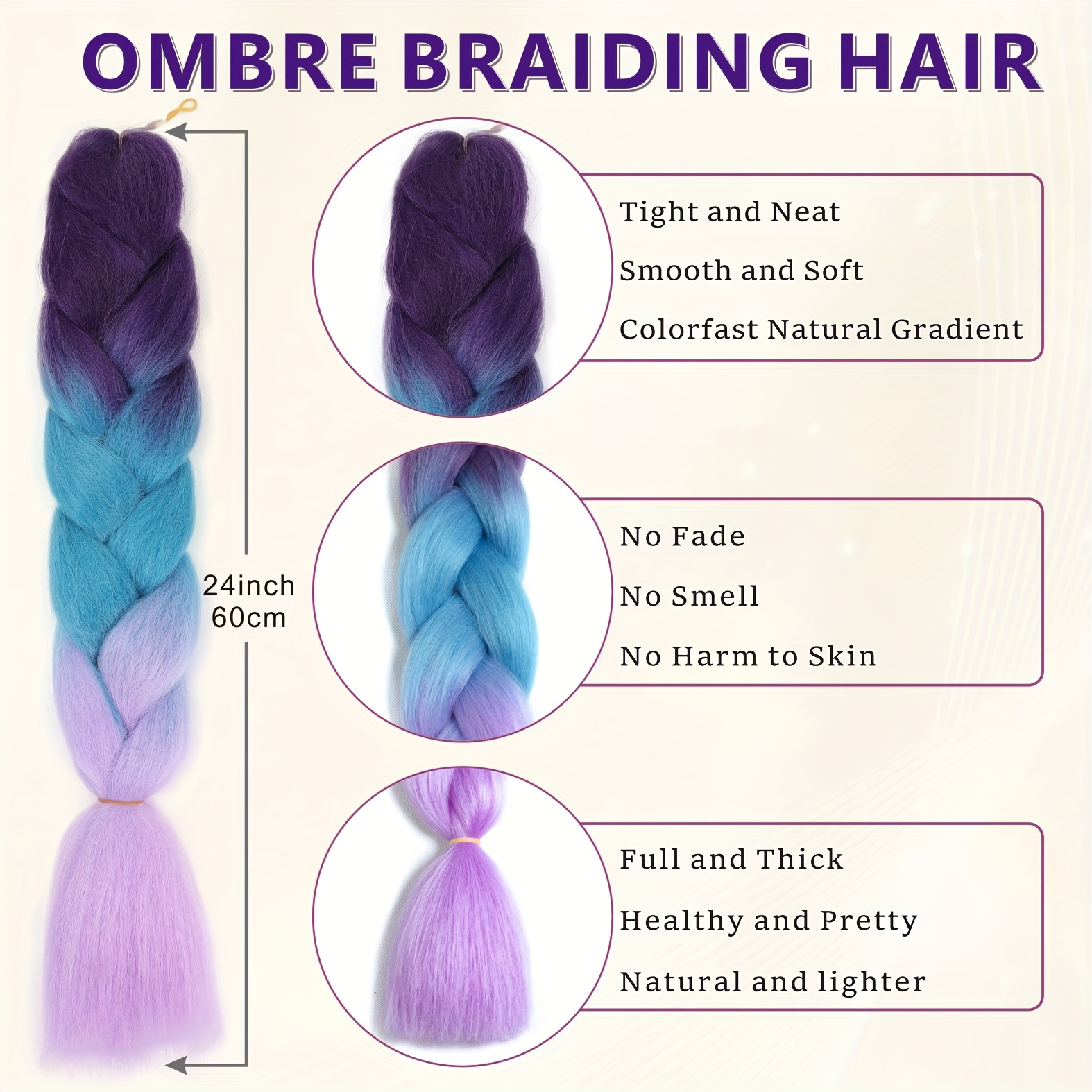 Jumbo Braiding Hair Fiber Mix Four Silky Colorful Twist Braiding Hair 3pcs Rainbow Colors Extensions Synthetic Hair Synthetic Fiber Soft Healthy，Long Jumbo Braiding Hair Extensions, Heat Resistant Synthetic Fiber purple hair extensions