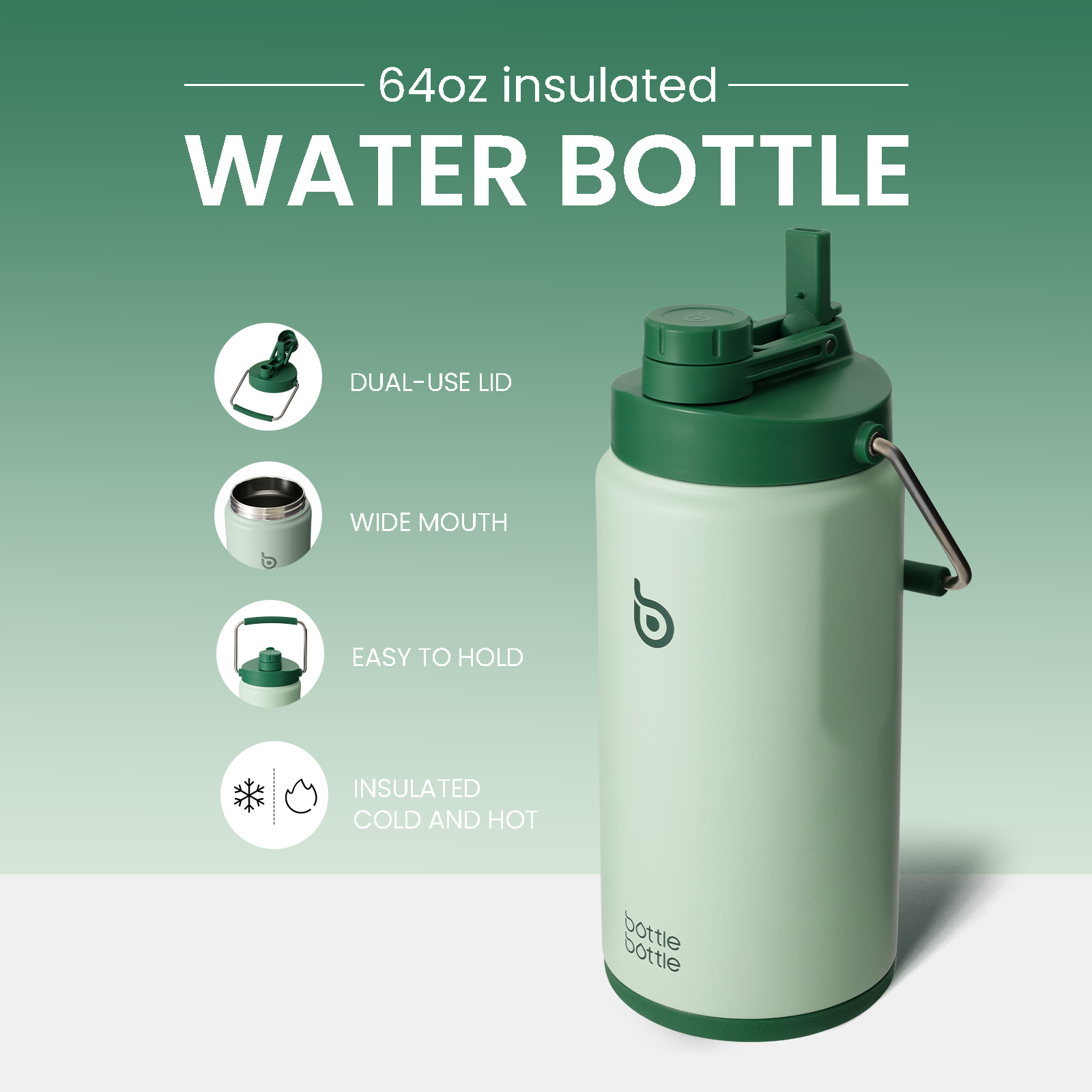 For outdoor activities:With half gallon water jug,it’s easier to enjoy your trip with fewer refills and is perfect for hiking,camping and sporting.With such a versatile bottle,it's easy to stay hydrated and refreshed during adventures