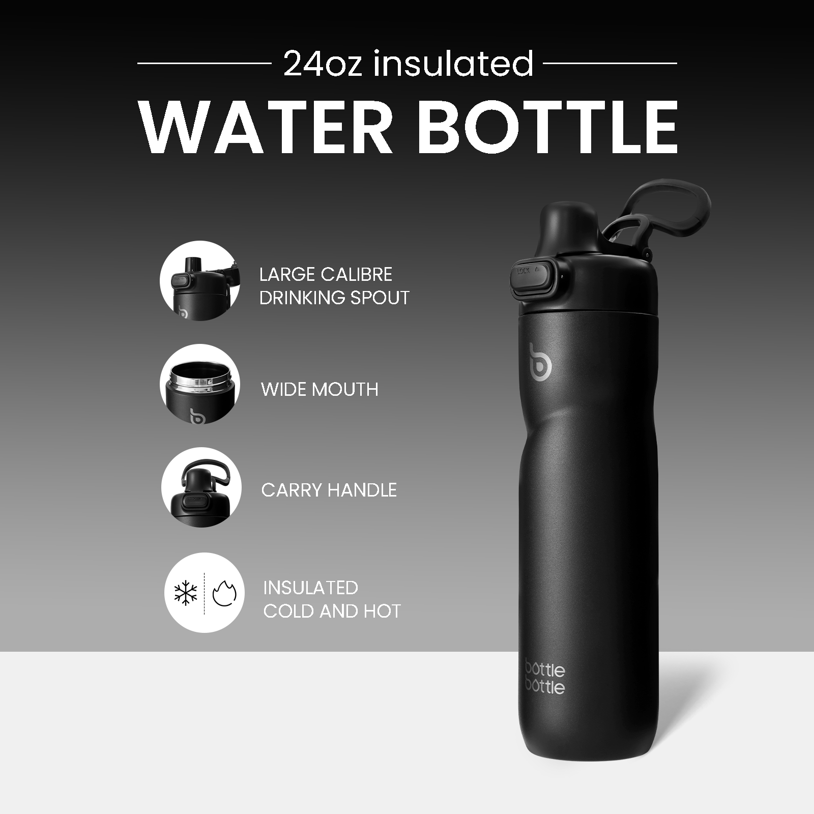 Insulated Water Bottle 24 oz with Handle and Flip Tops Lids Stainless Steel Water Bottle Push Button Lid Leak proof Portable for Running Travel Sports Hiking