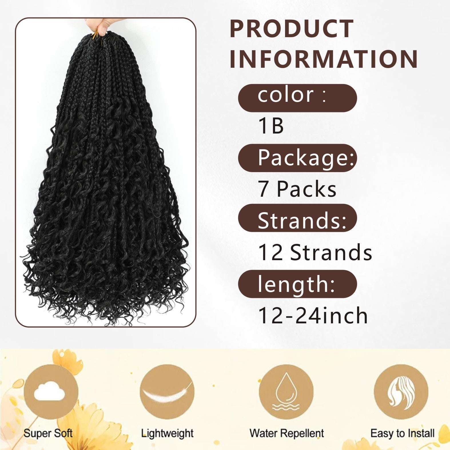 7 pack 12/14 Inch Boho Box Braids Goddess Box Braids Crochet Hair Bohemian Hippie Braids Braiding Hair Box Braids with Curly Ends Messy Pre-looped Synthetic Crochet Hair for Women Halloween Christmas
