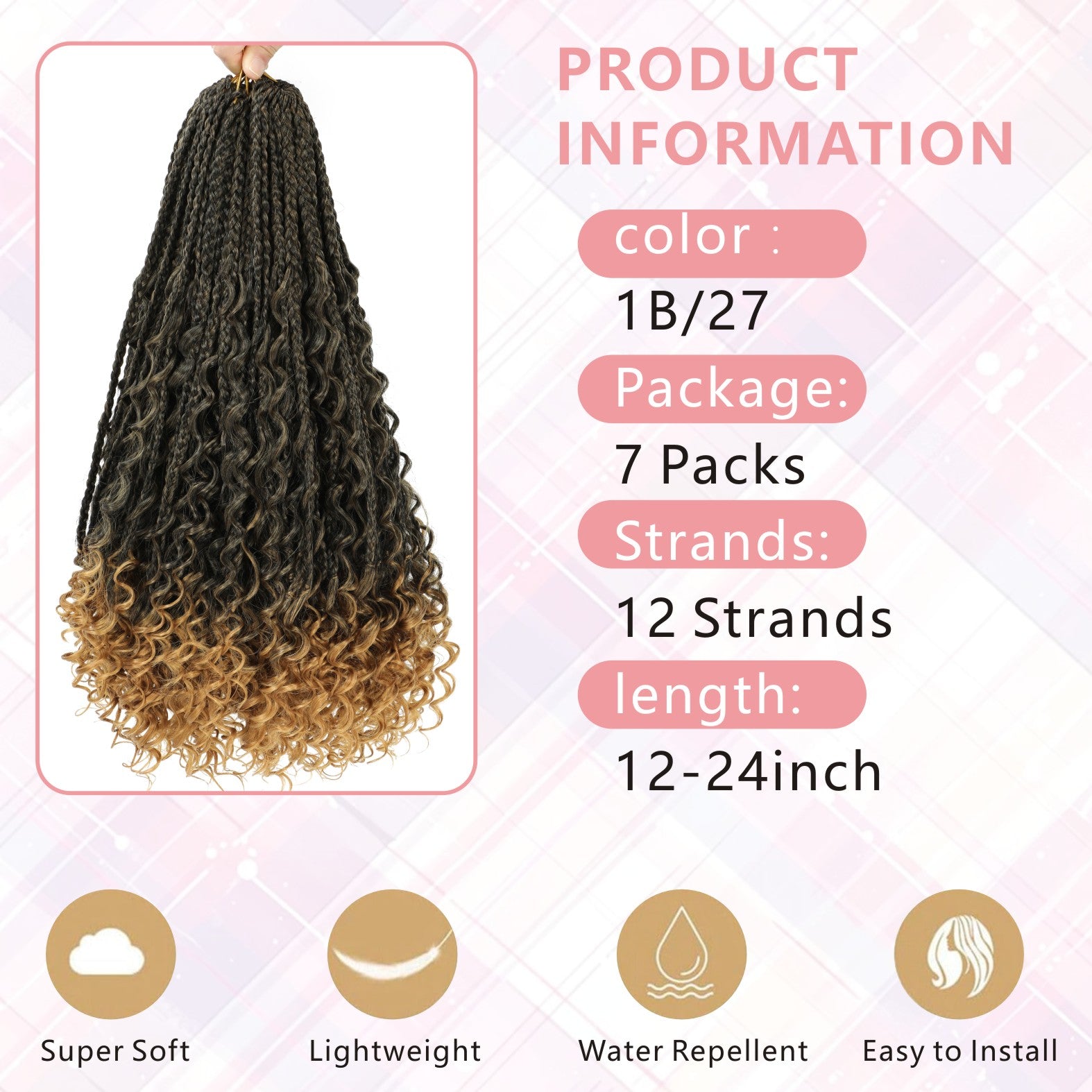 7 Pack 12/14inch Goddess Box Braids Crochet Hair Extensions Voluminous Curly Wave Ends, Natural Look Synthetic Braids for, Easy Maintenance Dreadlock-Free Hairstyle for Everyday & Special Events Bohemian Style, Realistic Texture, Protective Hairstyles