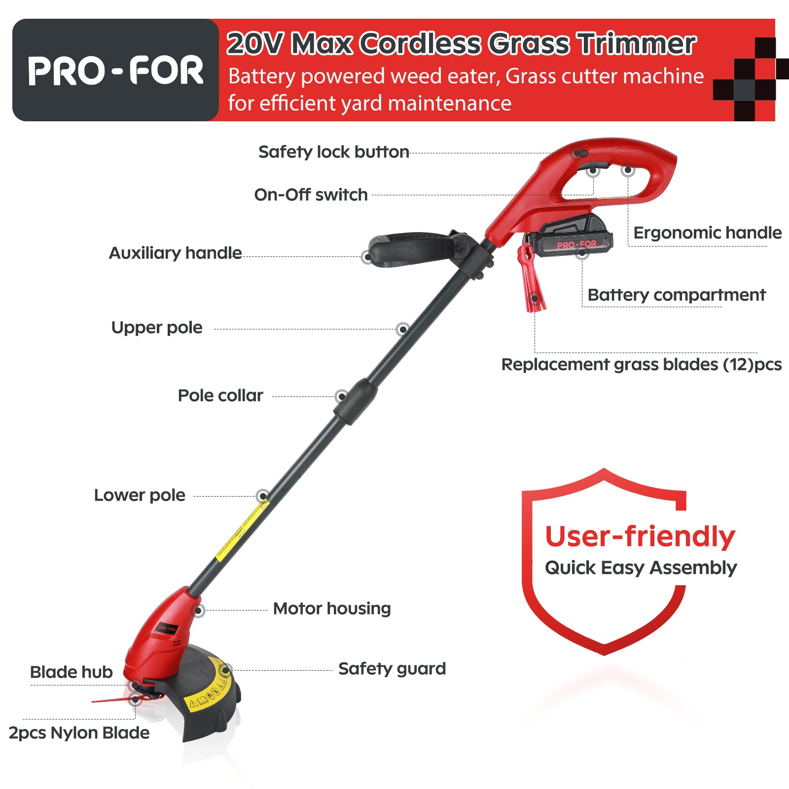 20V Lightweight Stringless Grass Trimmer, Battery Powered Weed Eater, Cordless Electric Weed Trimmer with Battery and Charger