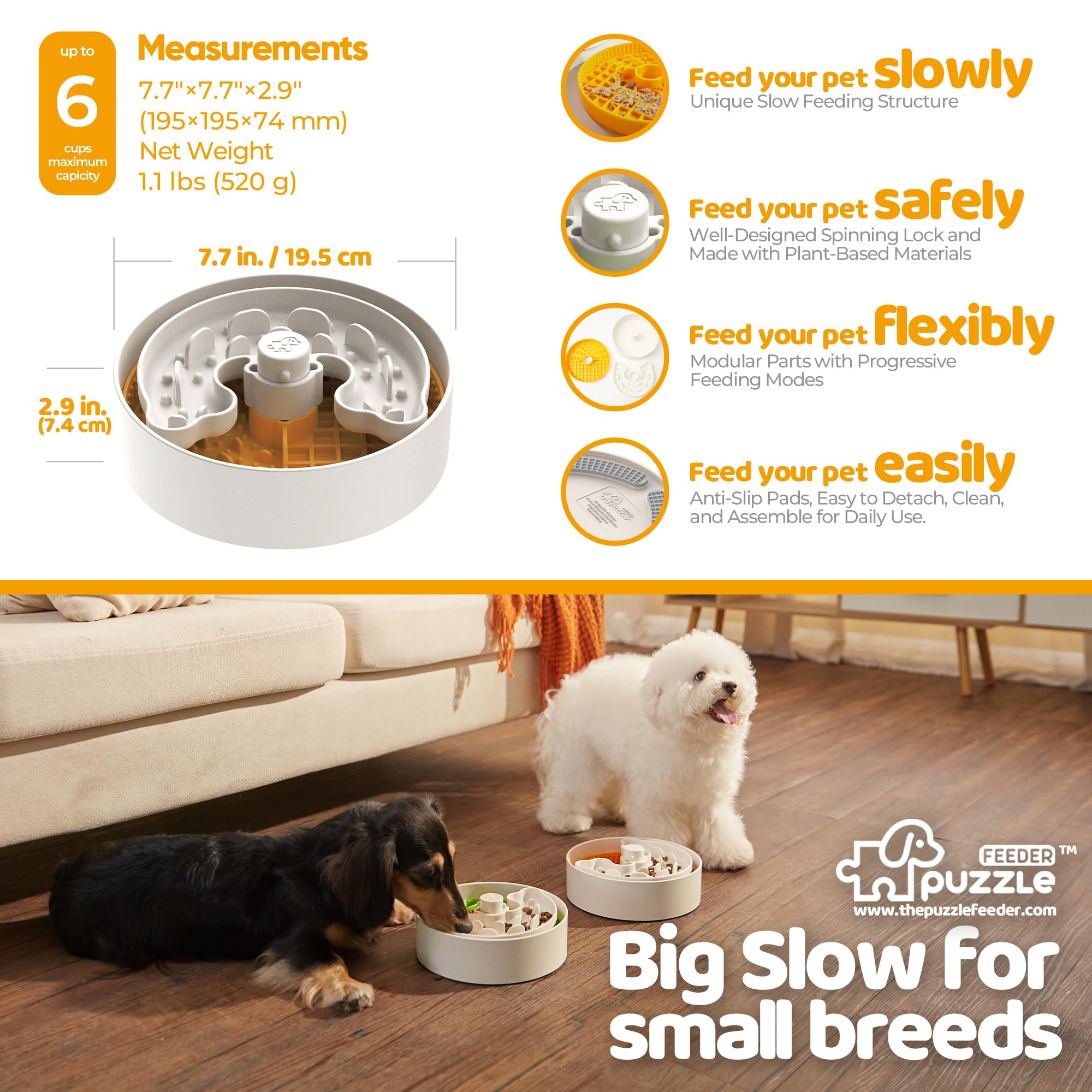 Slow Feeder Dog Bowl with Lick Mat and Puzzle Inserts - Non-Slip Base, Adjustable Speed Design, Dishwasher Safe for Puppies, Orange