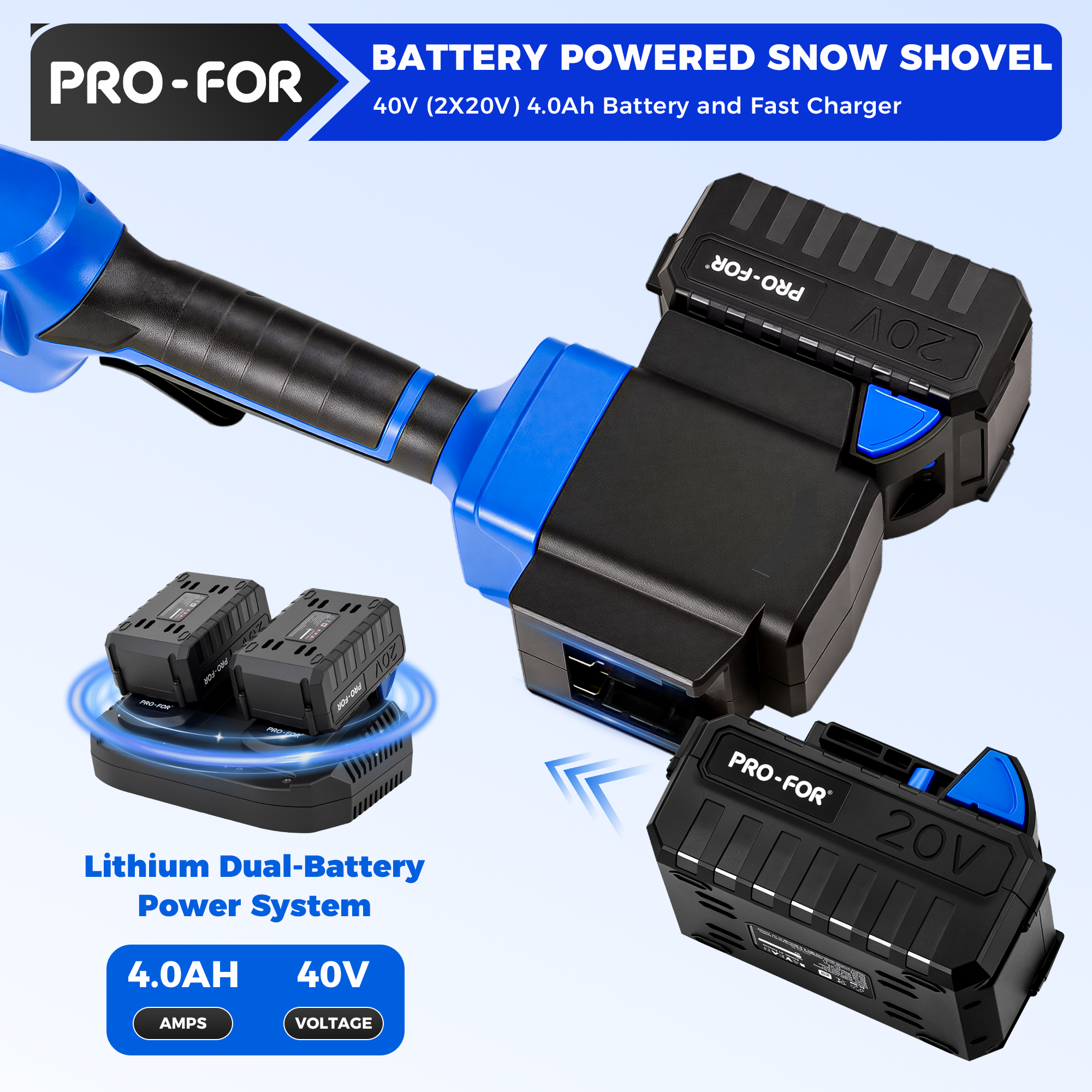 PRO-FOR 40V Cordless Snow Shovel, 17-Inch Wheeled Snow Blower, Brushless
