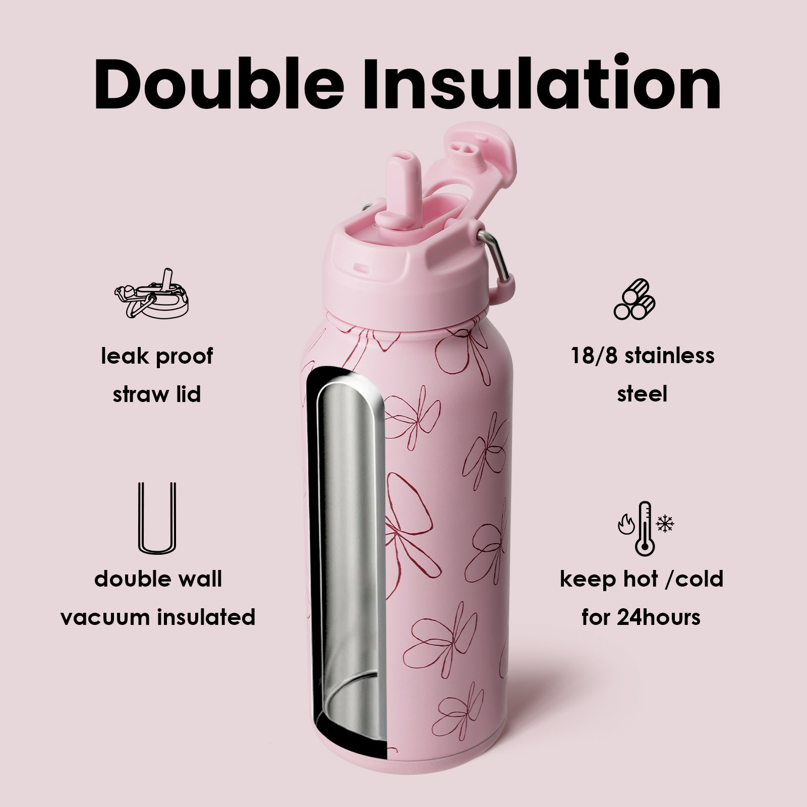 32oz Insulated Water Bottle Stainless Steel Sport Water Bottle with Straw Dual-use Lid Design for Gym with Pill Box