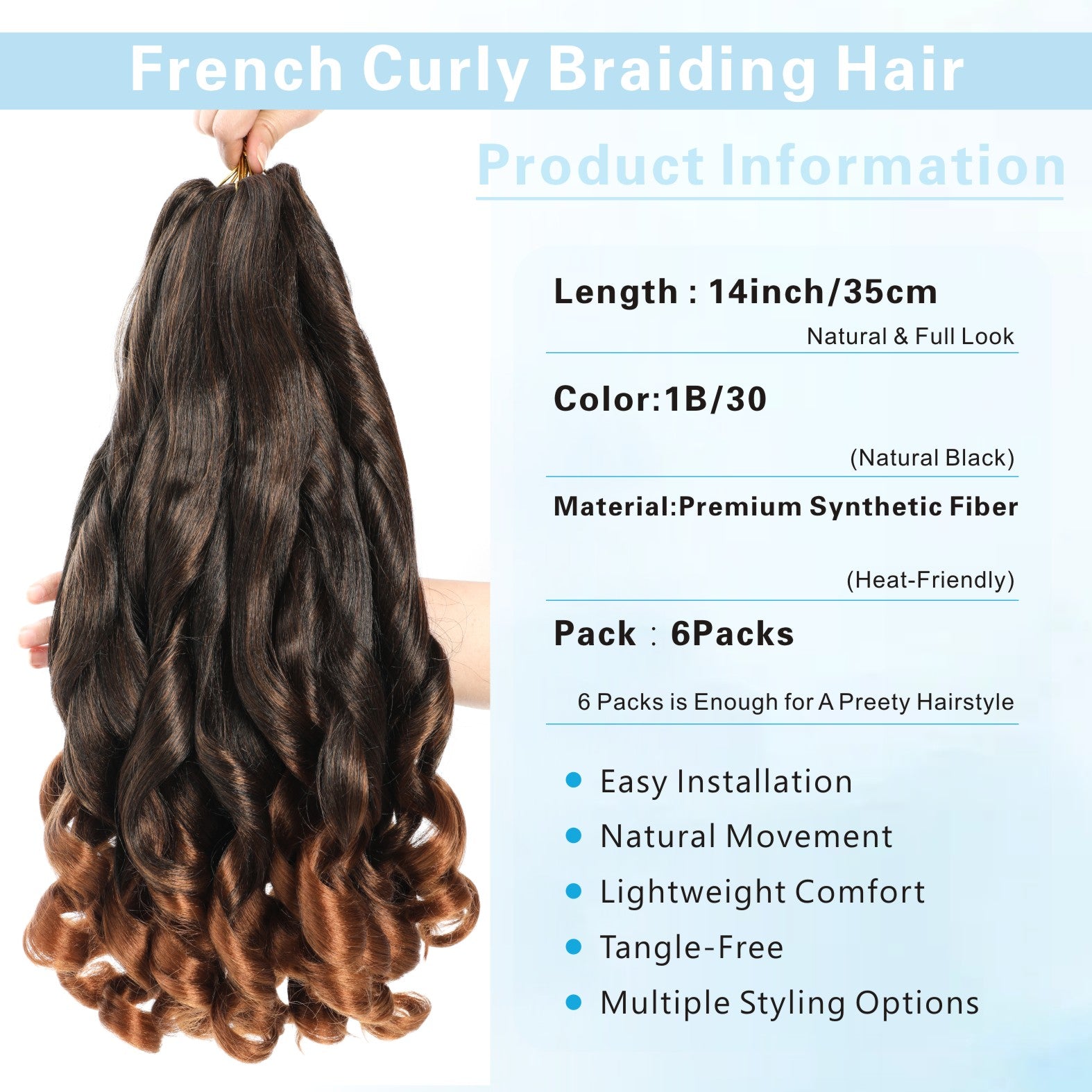 Ombre Brown French Curly Braiding Hair 6 Packs 14 Inch Pre Stretched Braiding Hair Bouncy Loose Wave Crochet Hair for Women