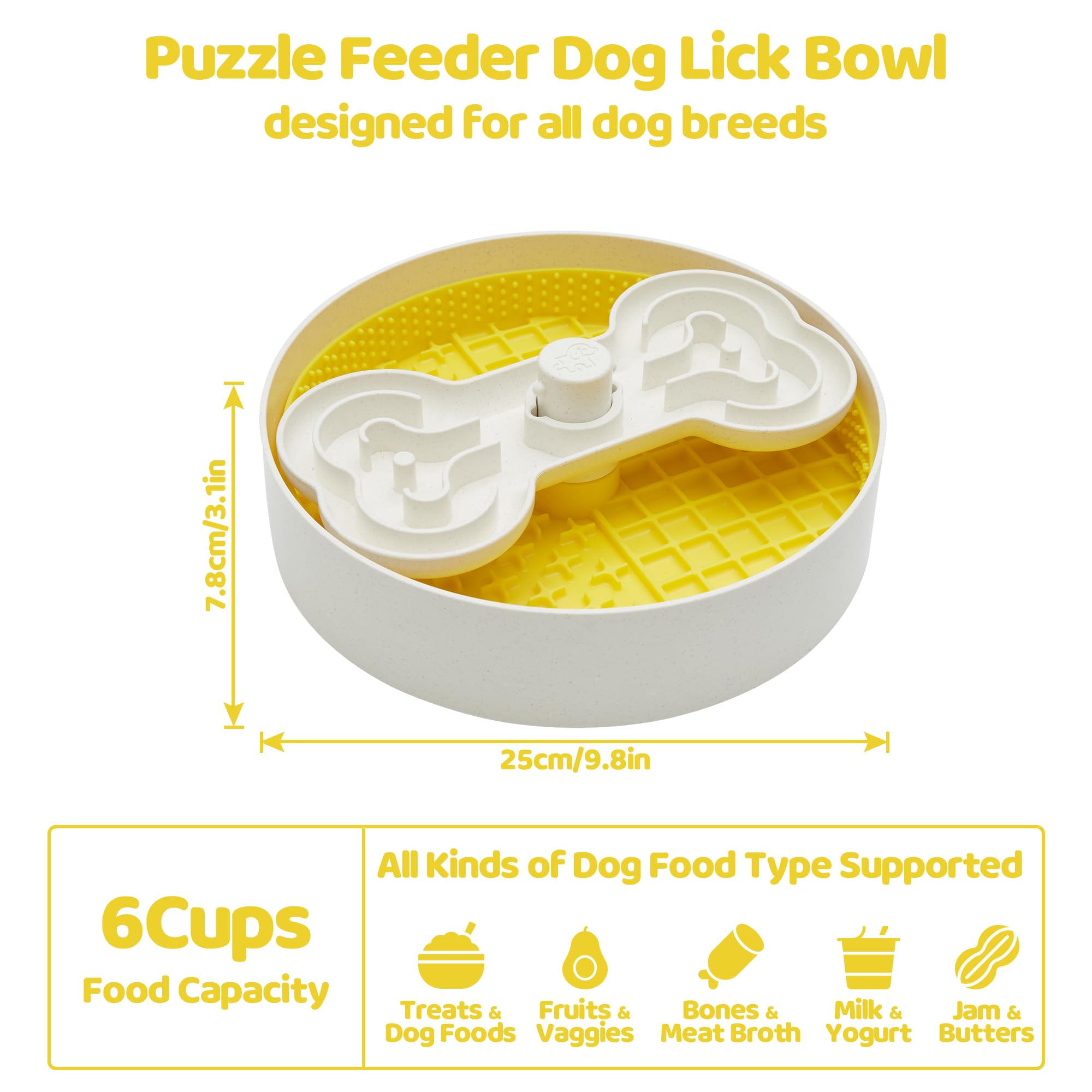Slow Feeder Dog Bowl with Lick Mat and Puzzle Inserts - Non-Slip Base, Adjustable Speed Design, Dishwasher Safe for Large Dogs,Yellow
