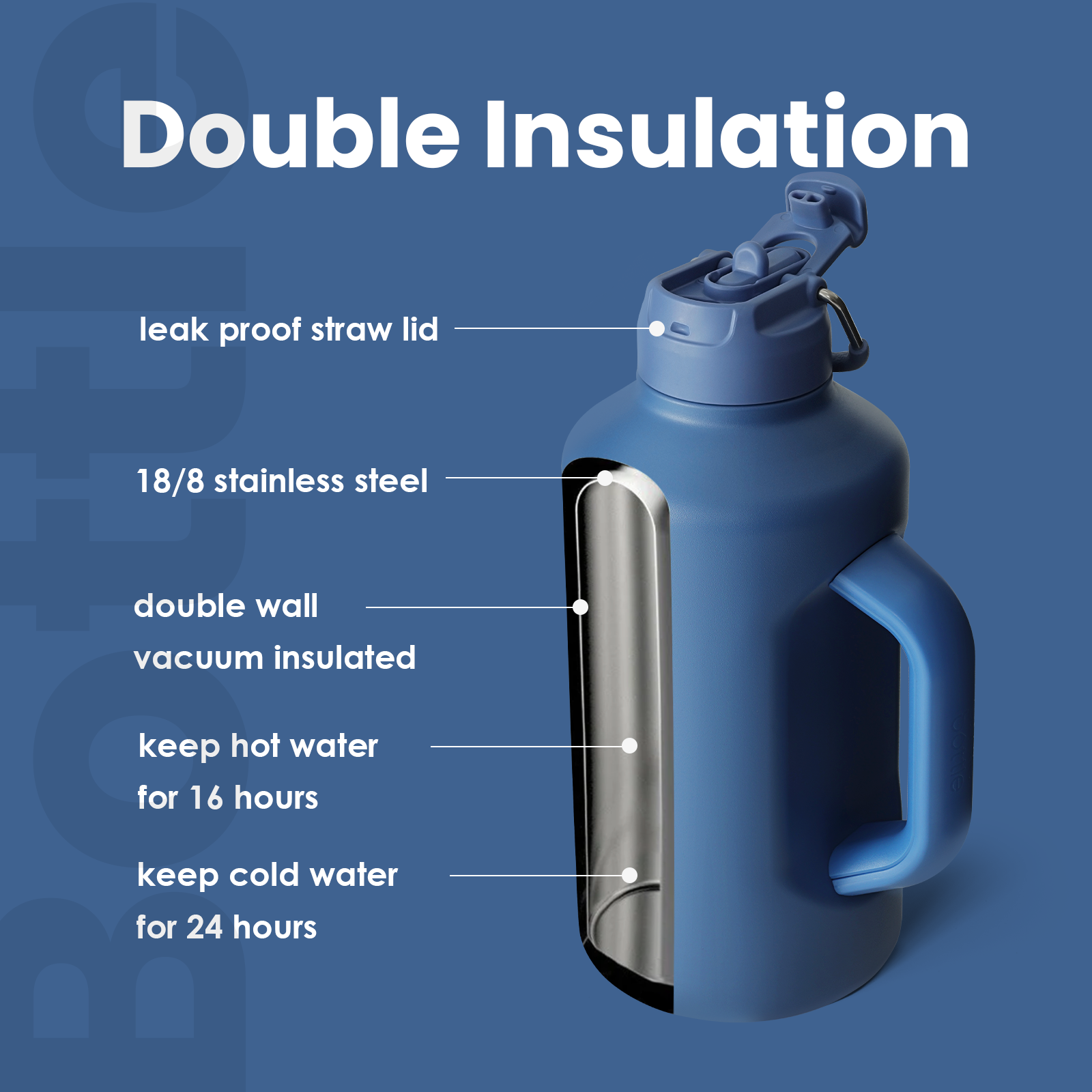 Insulated Water Bottle 64 oz with Straw and Dual-use Lid Stainless Steel Water Bottle for Men with Handle Vacuum Insulated jug for Workout Gym Soccer and Sports