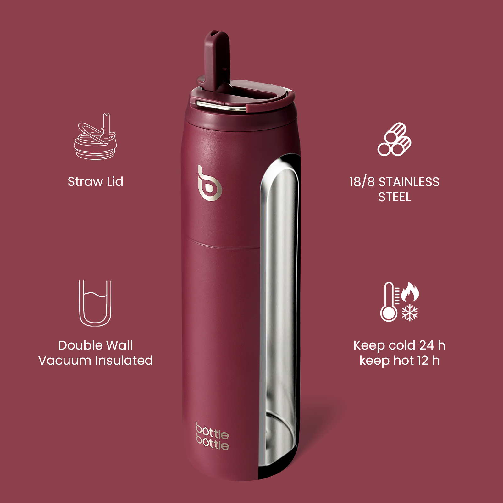 Stainless Steel Water Bottle with Straw and Lid 32 oz Vacuum Insulated Cup Stay Cold and Hot, Leak-Proof Wide Mouth Water Bottles for Men