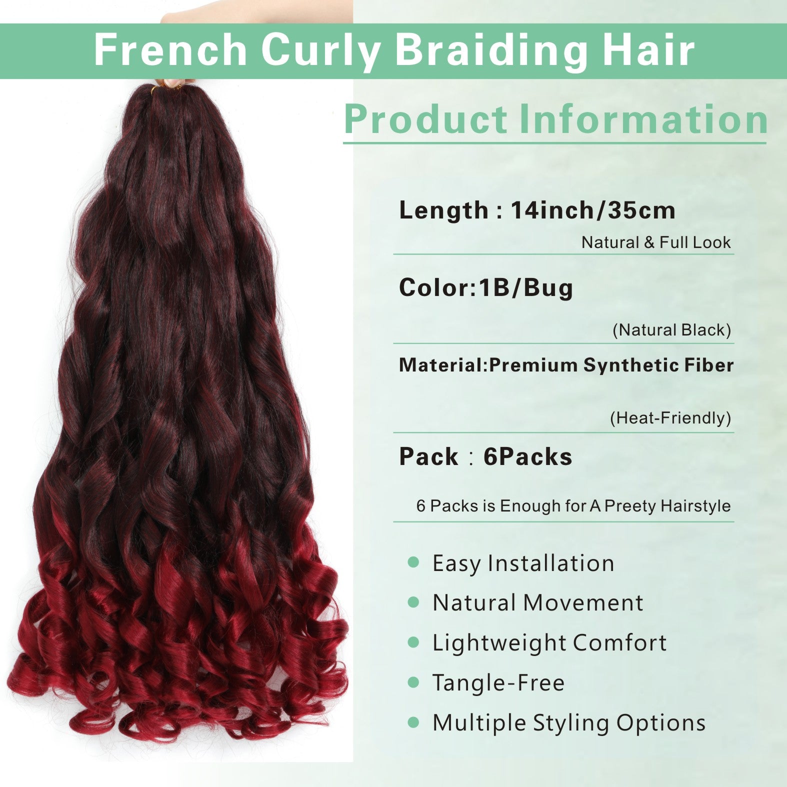 6 Packs French Curl Braiding Hair Pre Stretched 14/16 Inch Bouncy French Curly Braiding Hair Loose Wavy Ombre Burgundy French Curl Crochet Braids Hair for Women