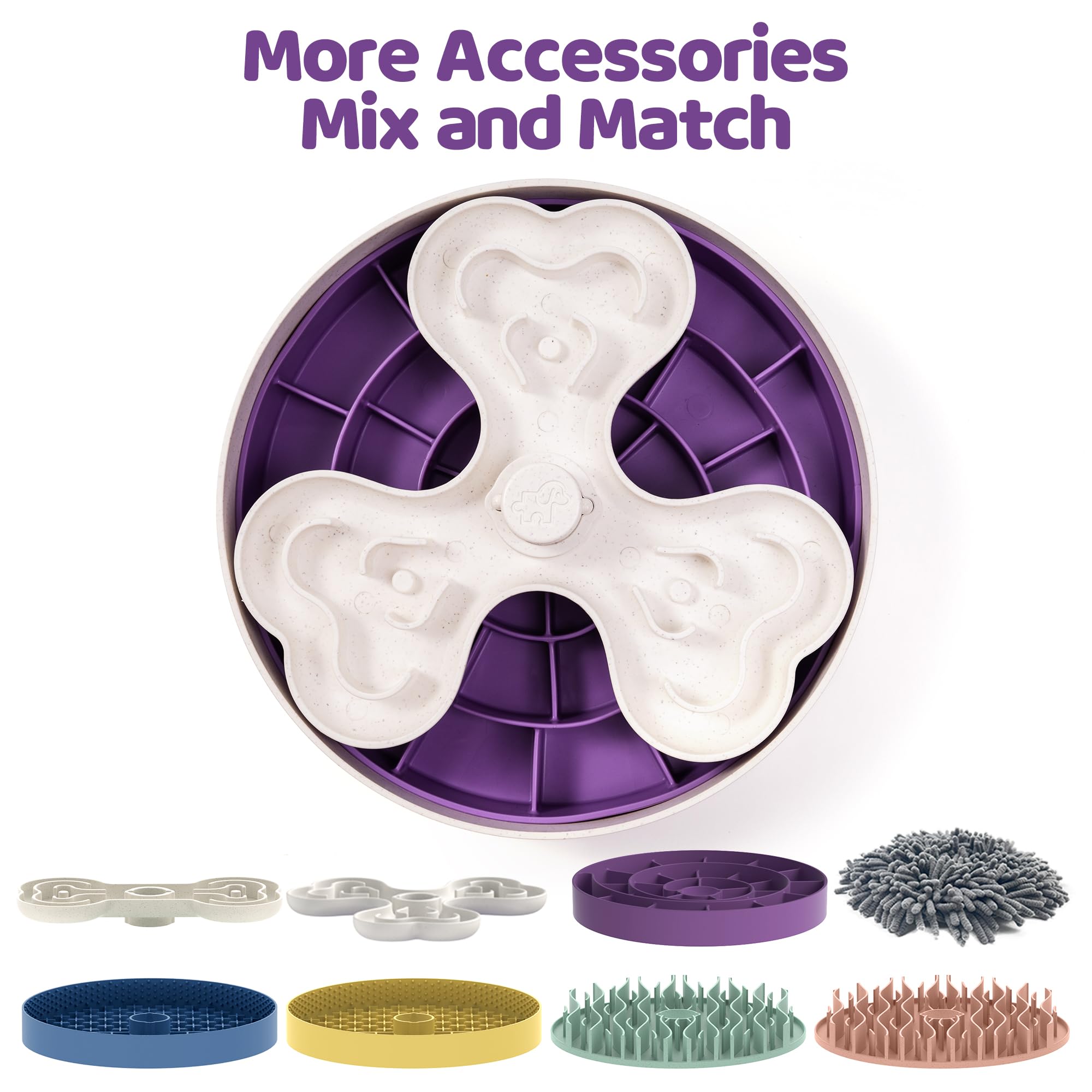 Slow Feeder Dog Bowl for Large Dogs with Non-Slip Base - Adjustable Speed Design, Removable Puzzle Inserts & Dishwasher Safe, Purple