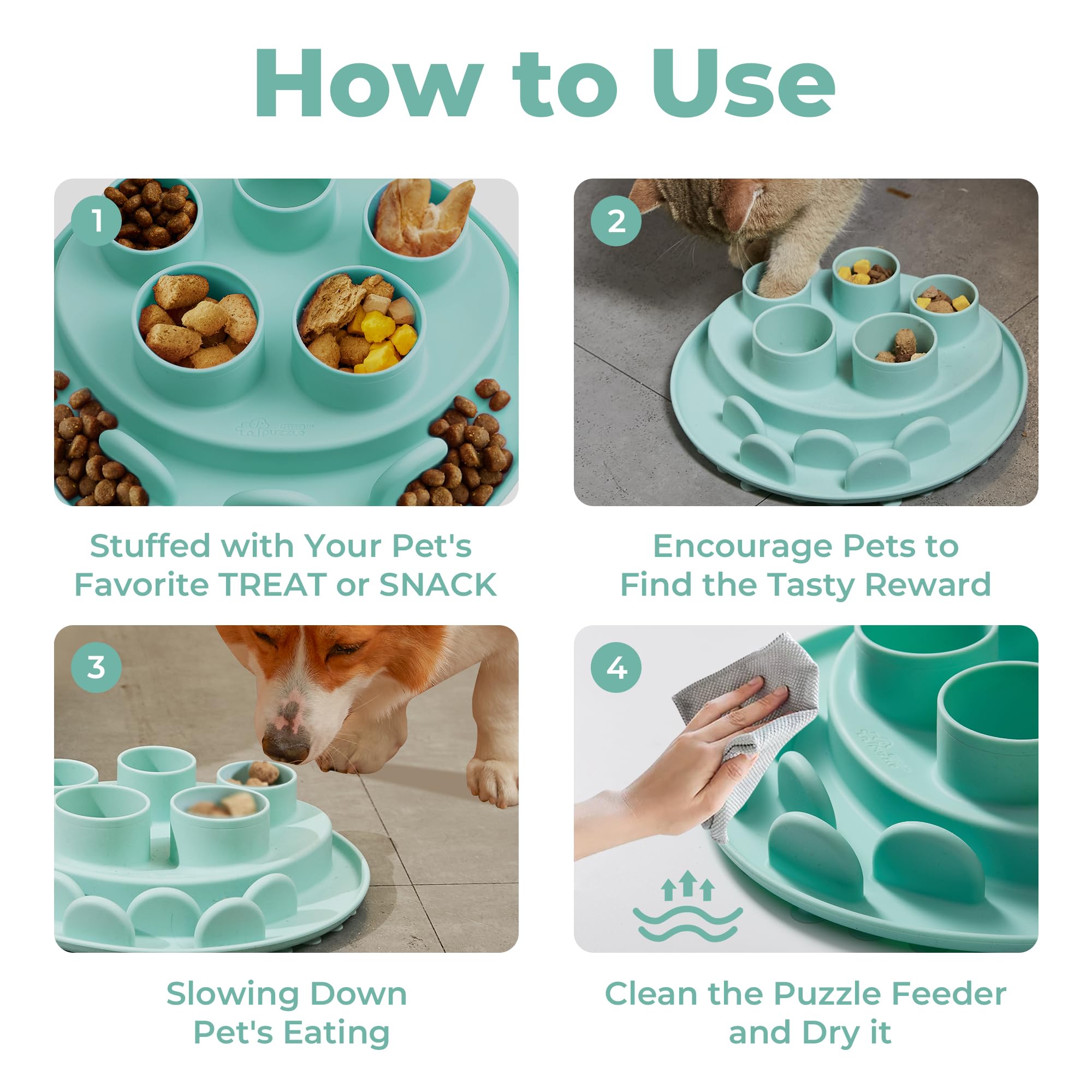 Cat Slow Feeder, Interactive Cat Puzzle Toy for Mental Stimulation, Dishwasher Safe Silicone Cat Enrichment Toys, Reduces Boredom and Training Intelligence, Green
