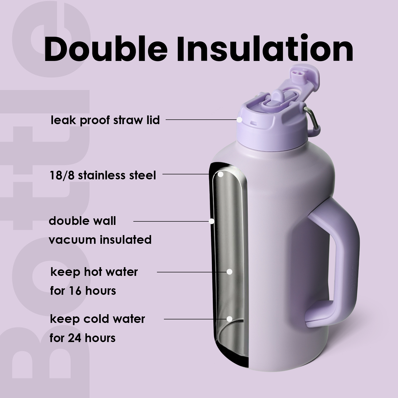 Insulated Water Bottle 64 oz with Straw and Dual-use Lid Stainless Steel Water Bottle for Men with Handle Vacuum Insulated jug for Workout Gym Soccer and Sports