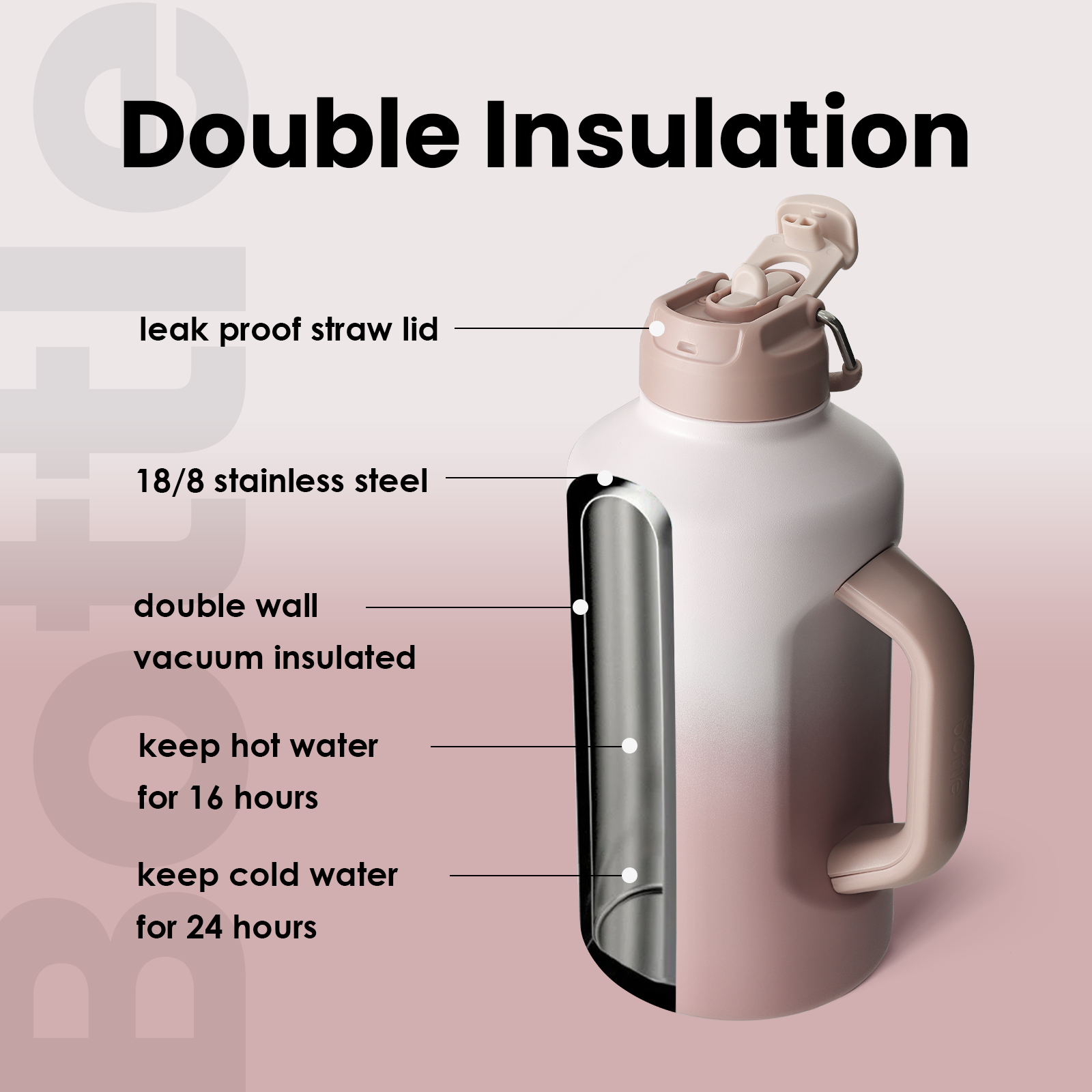 Insulated Water Bottle 64 oz with Straw and Dual-use Lid Stainless Steel Water Bottle for Men with Handle Vacuum Insulated jug for Workout Gym Soccer and Sports