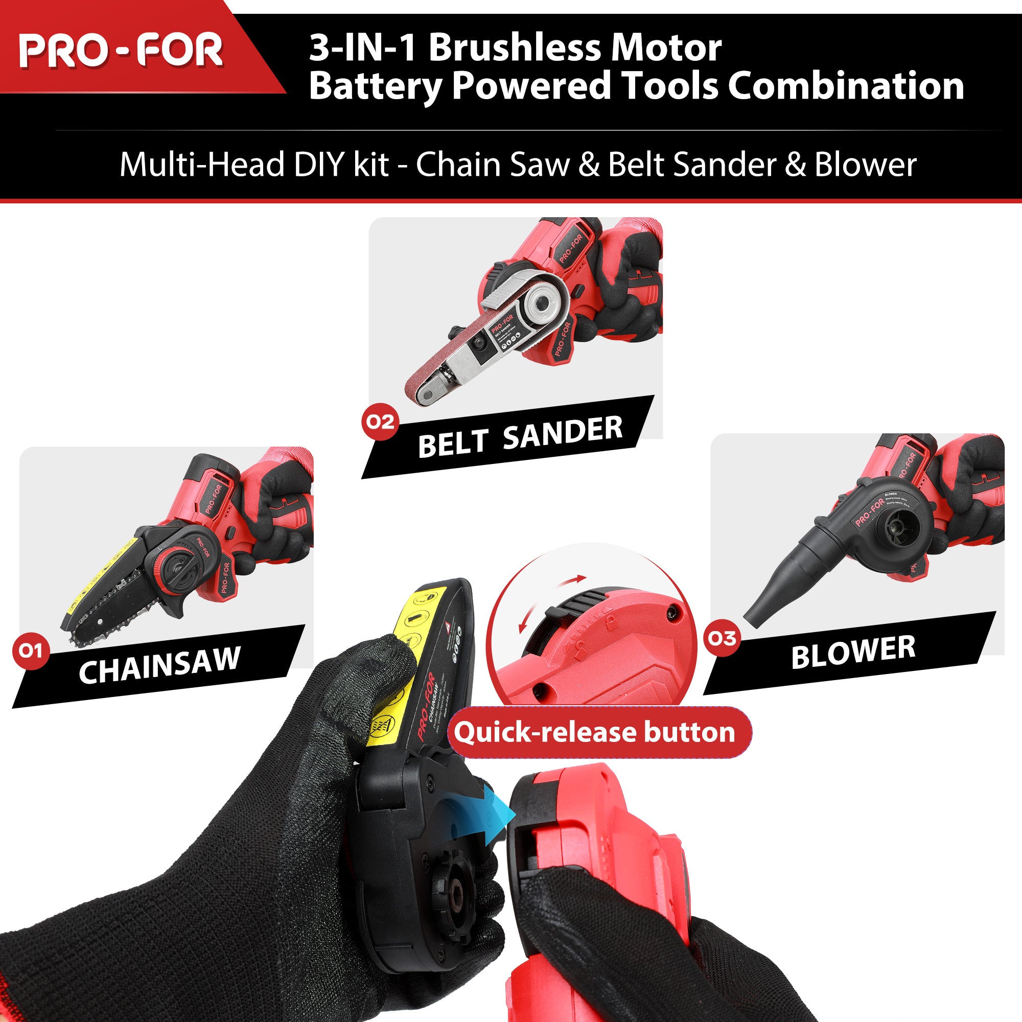 12V Multi-function Combination Tool A103-CPS302-12BL Brushless Combination Power Tool Kit, 3-in-1 Cordless Multi-Head System with Mini Chainsaw, Belt Sander, Blower, Interchangeable Heads for DIY & Home Workshop