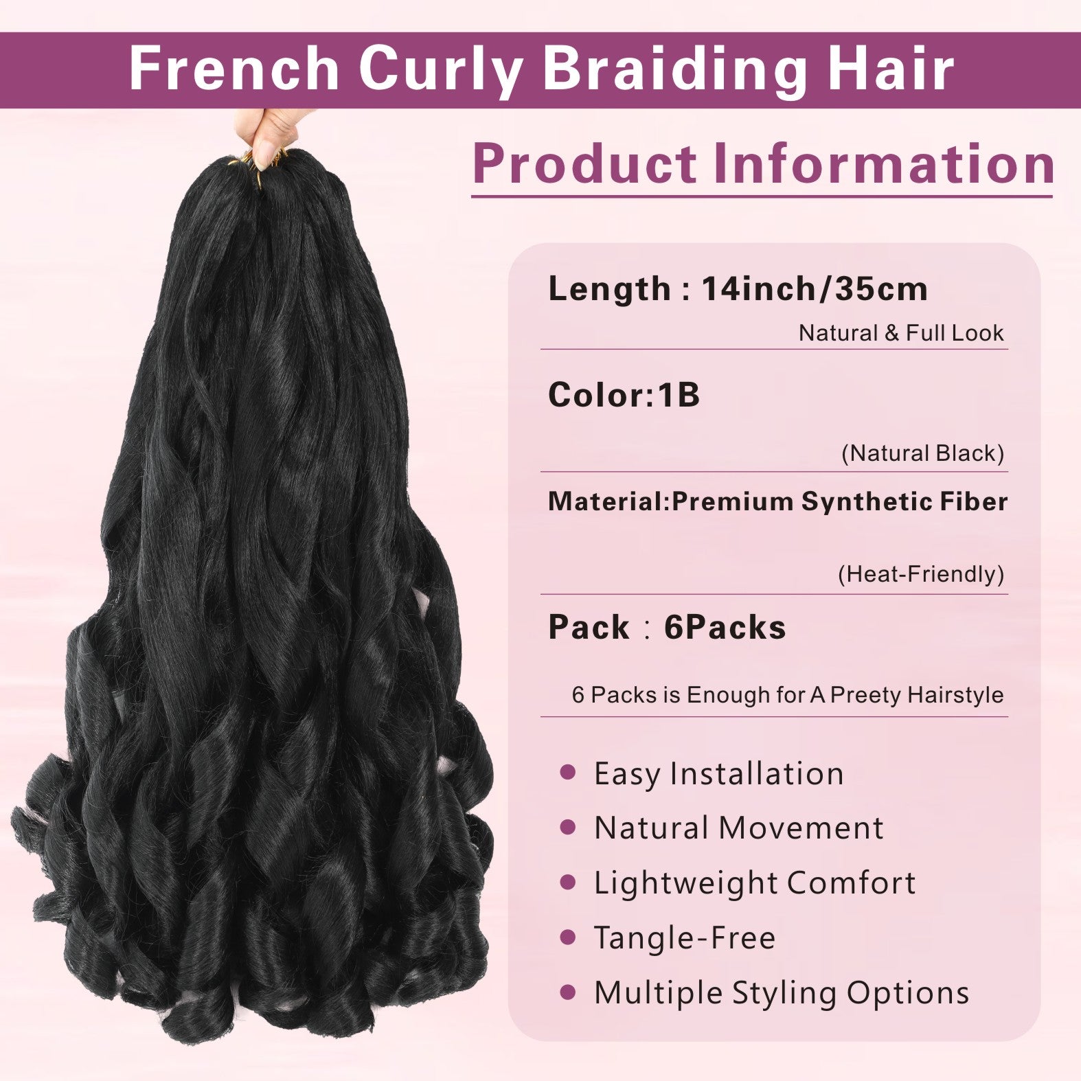 French Curl Braiding Hair 14/16 Inch 6 Packs Braiding Hair Pre Stretched Curly Crochet Hair for Women Loose Wavy French Curl Braids Synthetic Hair Extensions Natural Black 1B