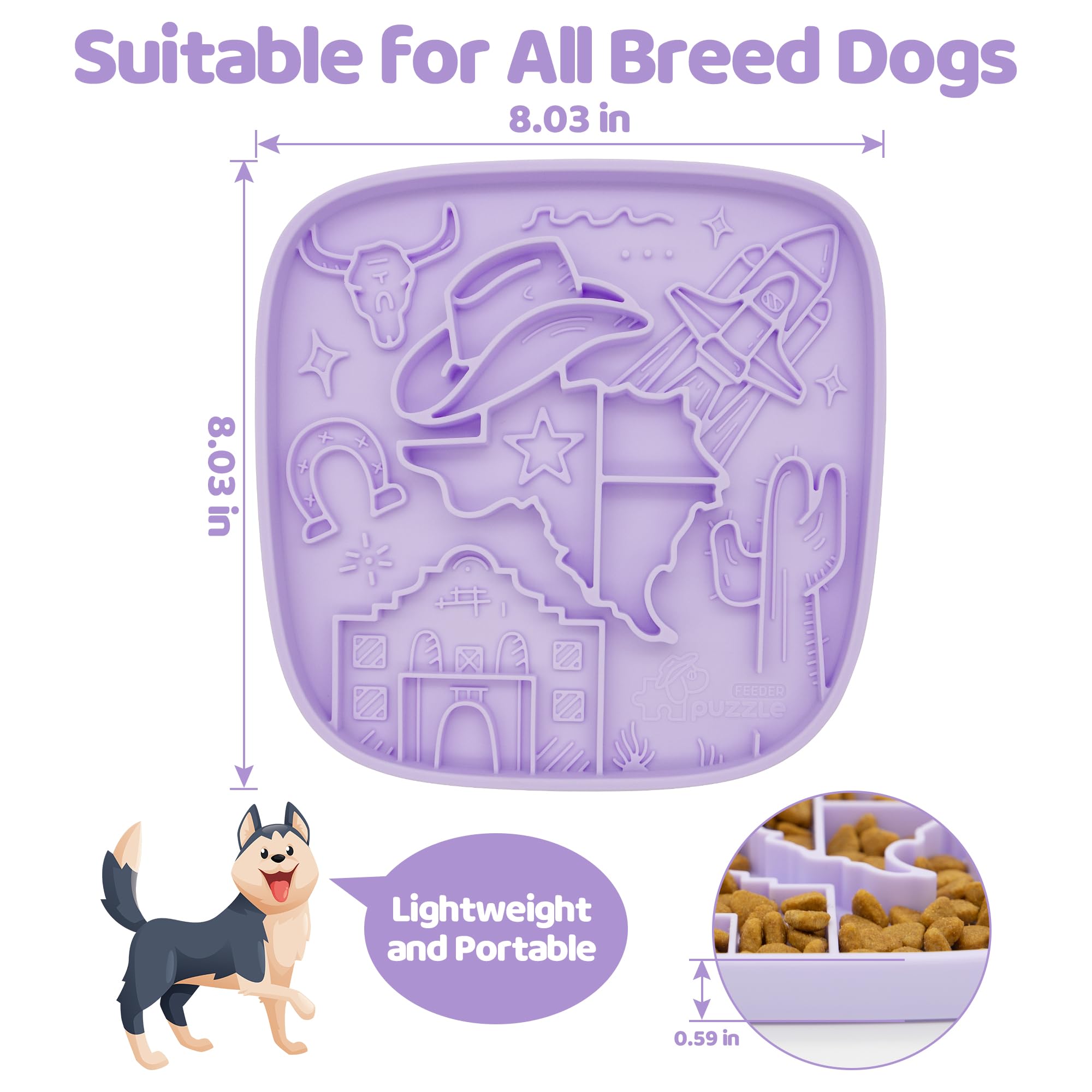 Snuffle Mat and Lick Mat for Dogs,Texas Textured Slow Feeder, 0.75 Inch Thin Silicone Mat Holds 3 Cups, Dishwasher and Microwave Safe, Purple