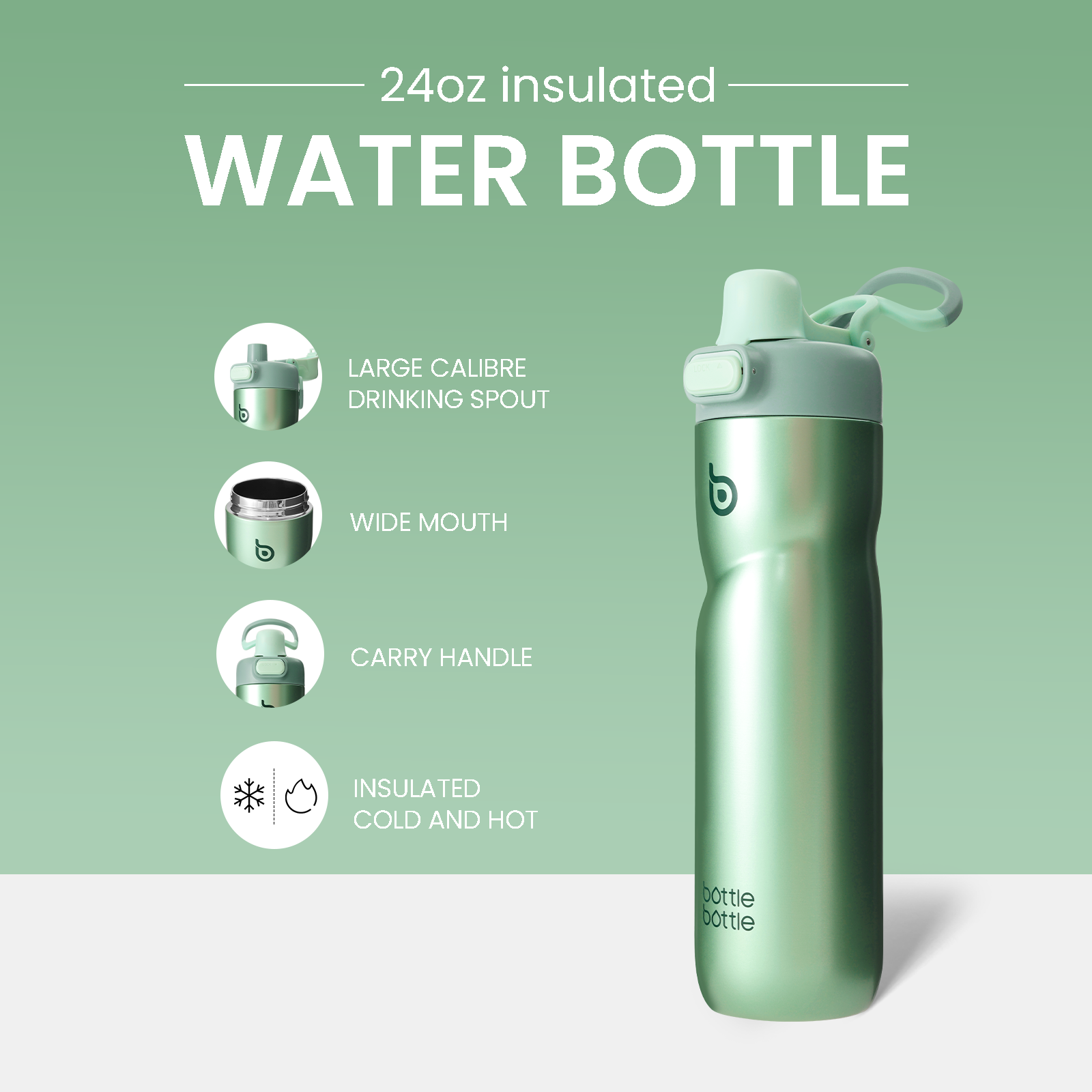 Insulated Water Bottle 24 oz with Handle and Flip Tops Lids Stainless Steel Water Bottle Push Button Lid Leak proof Portable for Running Travel Sports Hiking