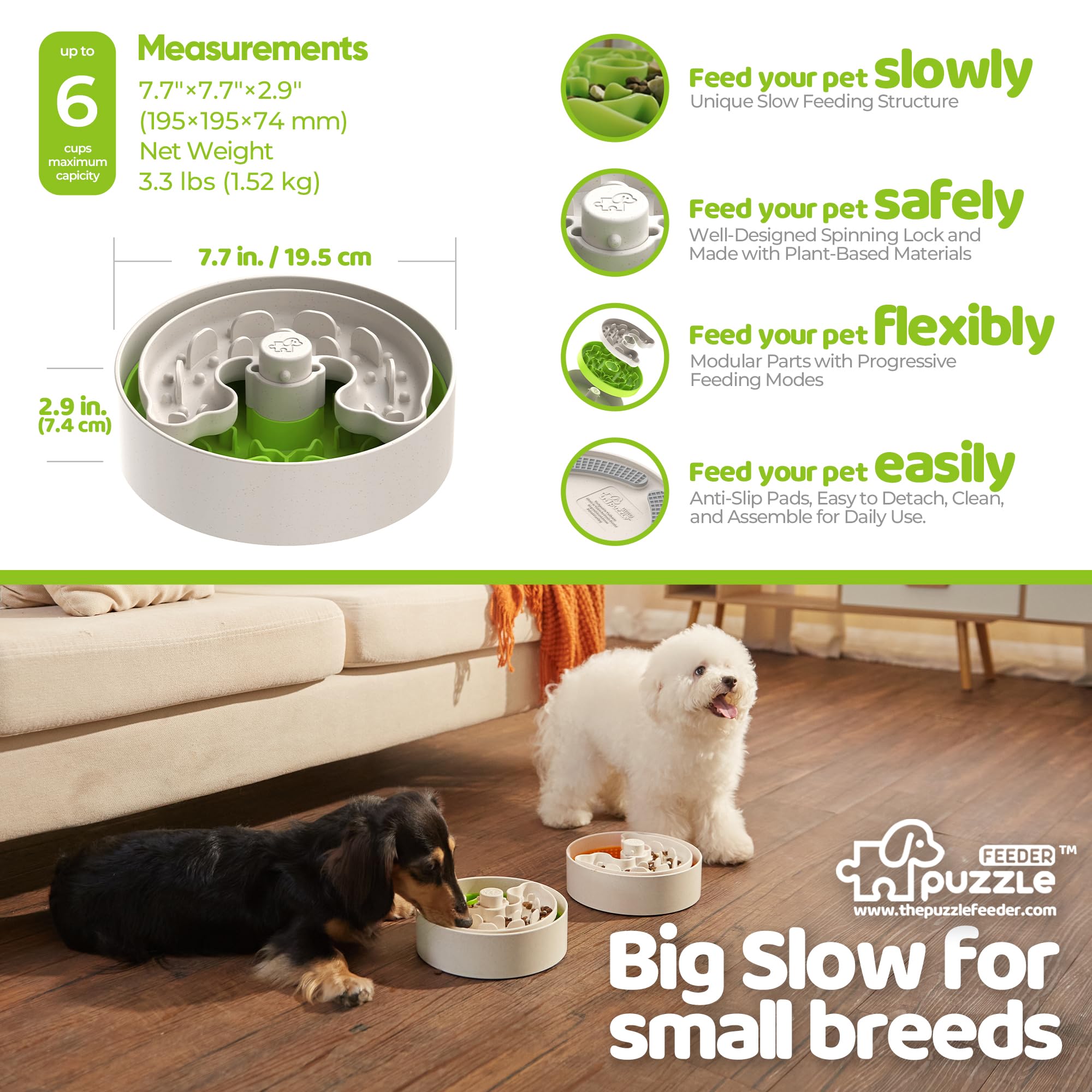 Slow Feeder Dog Bowl for Puppies with Non-Slip Base - Adjustable Speed Design, Removable Puzzle Inserts & Dishwasher Safe, Green