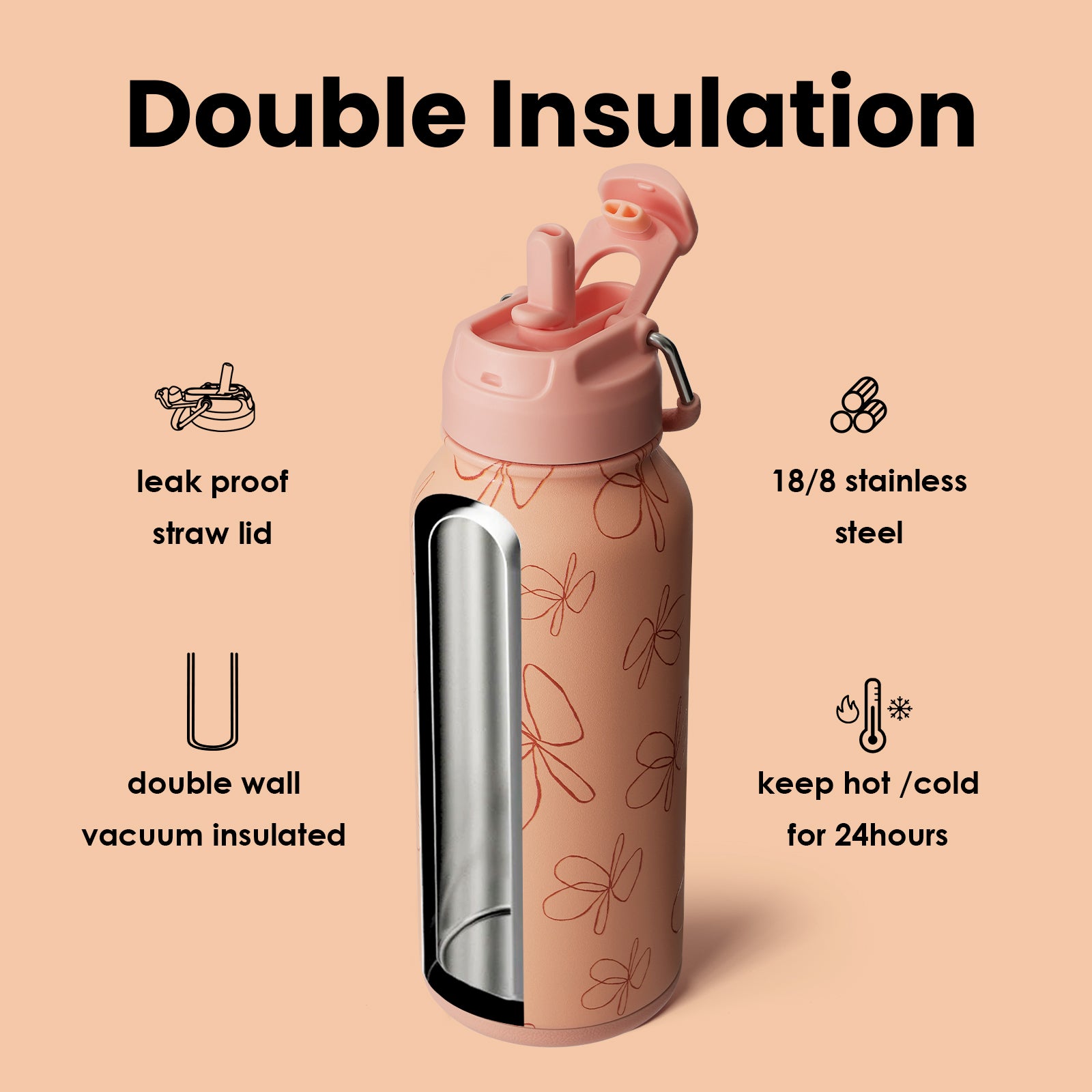 32oz Insulated Water Bottle Stainless Steel Sport Water Bottle with Straw Dual-use Lid Design for Gym with Pill Box