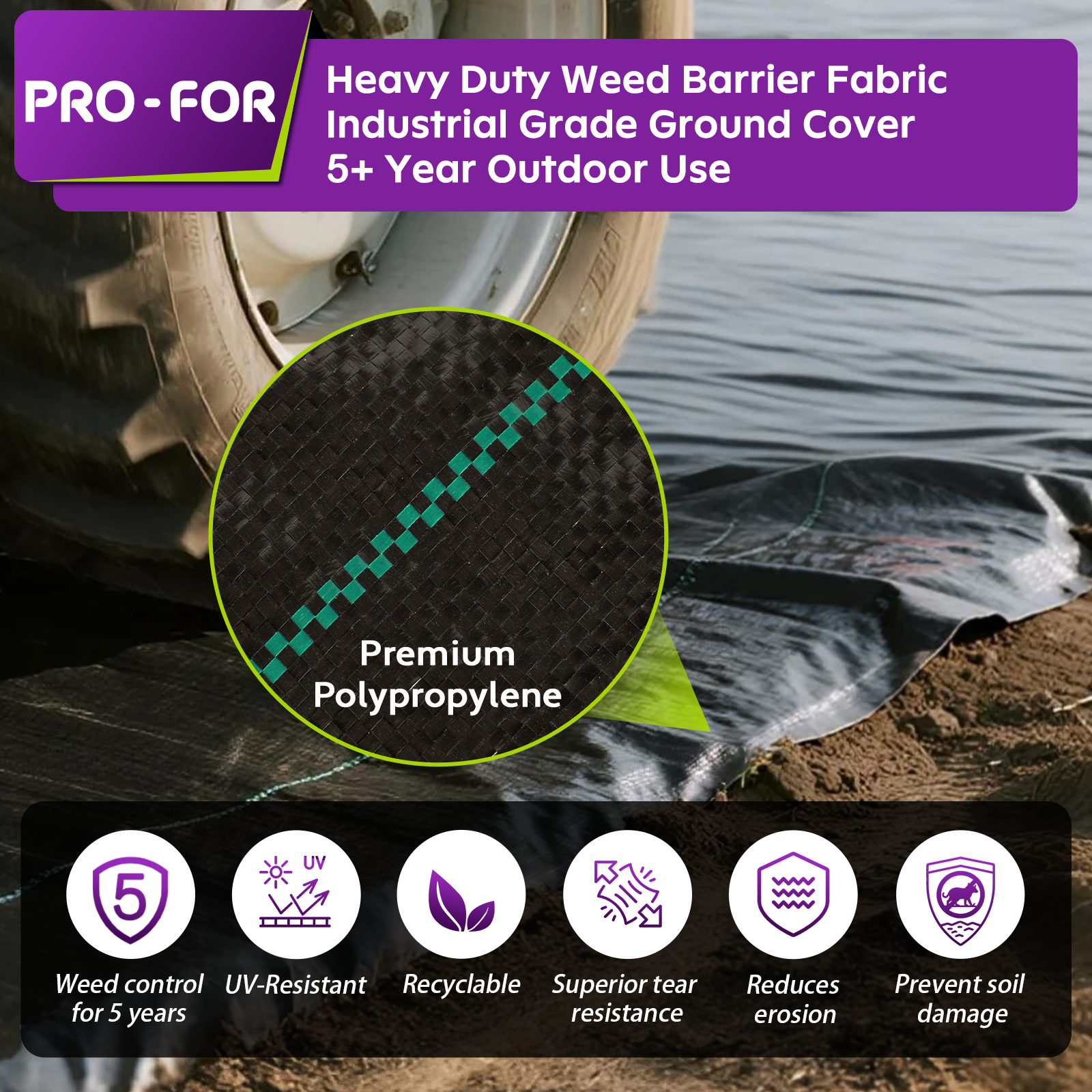 3.2oz Heavy Duty Weed Barrier Landscape Fabric – Premium Woven Ground Cover for Gardening, Farming & Driveways, Breathable Weed Control Cloth with 10 U-Shaped Securing Pegs