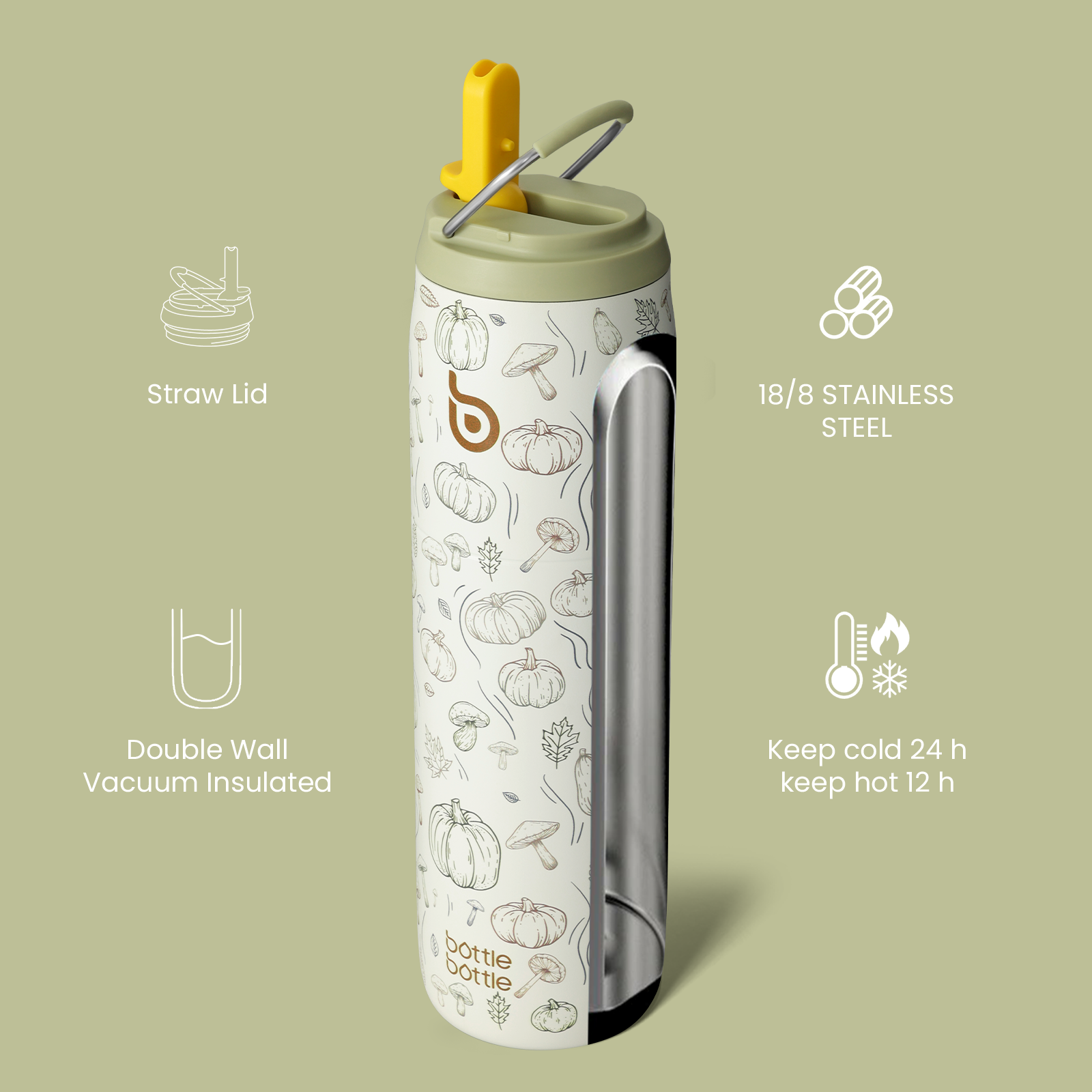 Stainless Steel Water Bottle with Straw and Lid 32 oz Vacuum Insulated Cup Stay Cold and Hot, Leak-Proof Wide Mouth Water Bottles for Men