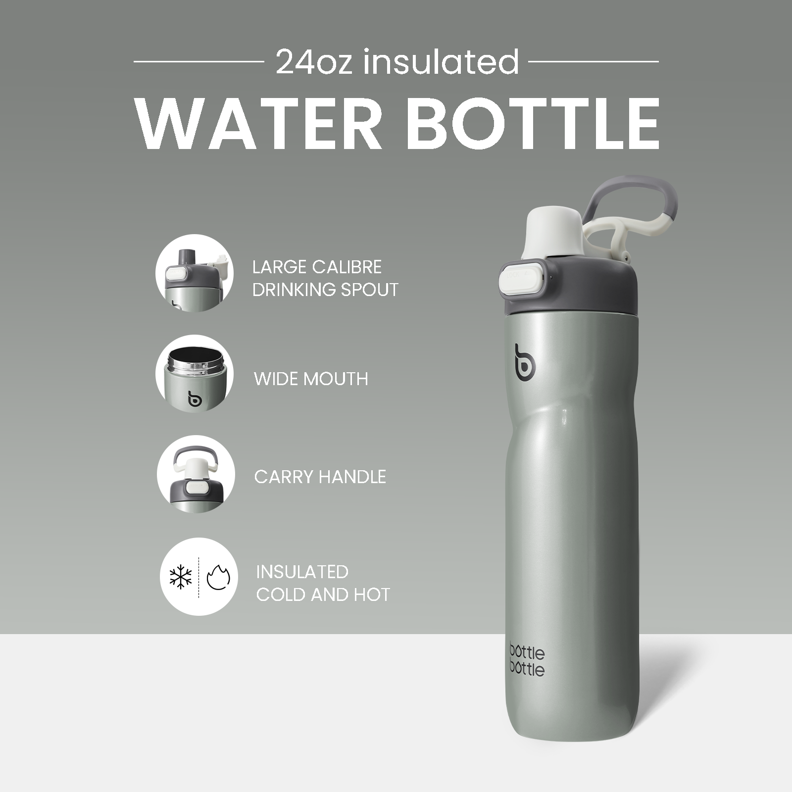 Insulated Water Bottle 24 oz with Handle and Flip Tops Lids Stainless Steel Water Bottle Push Button Lid Leak proof Portable for Running Travel Sports Hiking